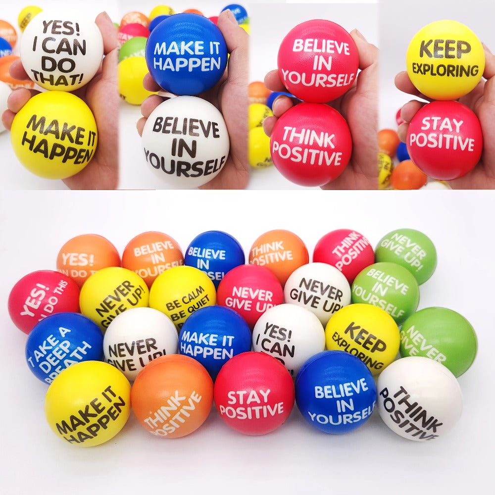 Inspirational Sponge Stress Balls 30 Pack 6.3cm – Motivational Slogan Hand Fitness Relaxation Balls for Classroom Rewards, Office Team Building, Party Events & Christmas Gifts