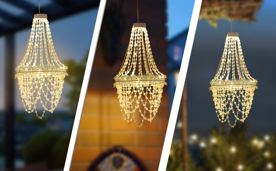 Solar Chandelier Outdoor Hanging Crystal Light 54 LED Warm White Waterproof Garden Yard Patio Gazebo Party Wedding Decor 6-Tier Oval Round