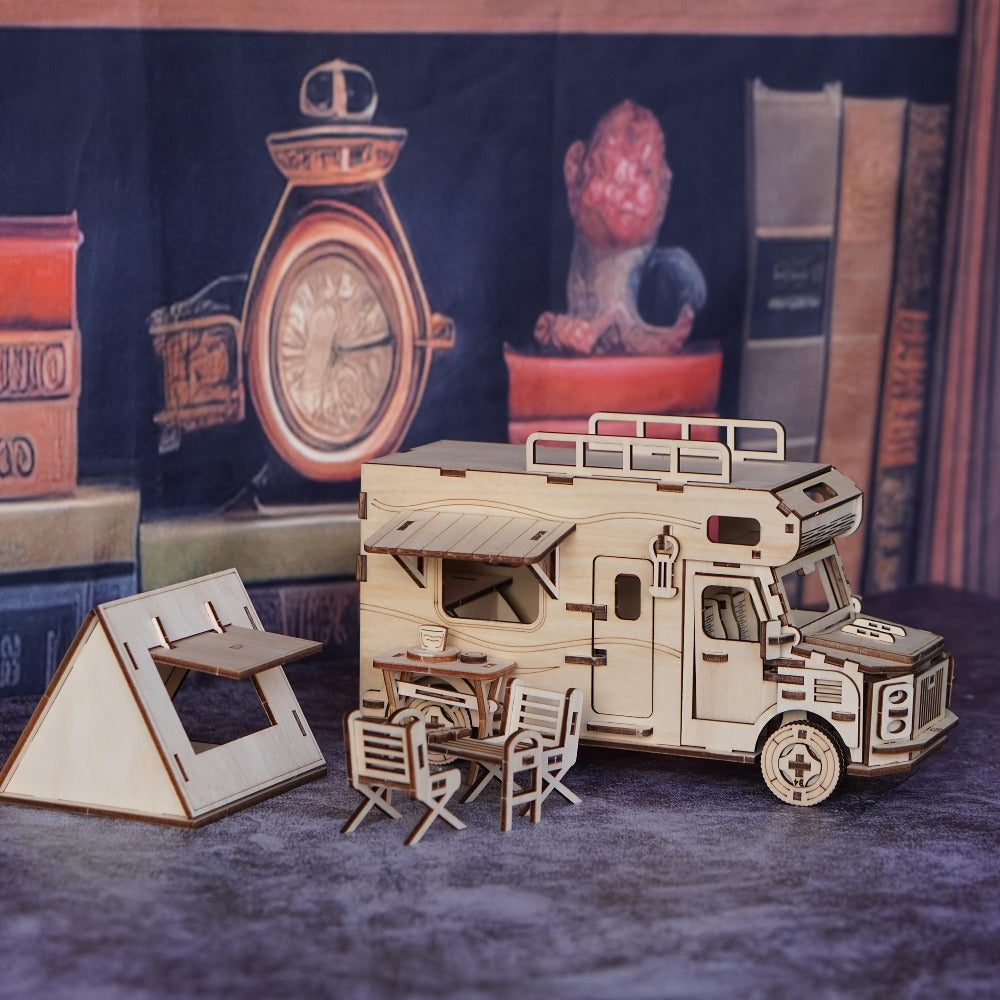 Wooden RV Model Kit – 3D Puzzle Camping Car DIY Assembly Building Toy for Adults & Teens, Laser-Cut Motorhome Craft, Unique Birthday Gift for Camping Lovers Friends Family