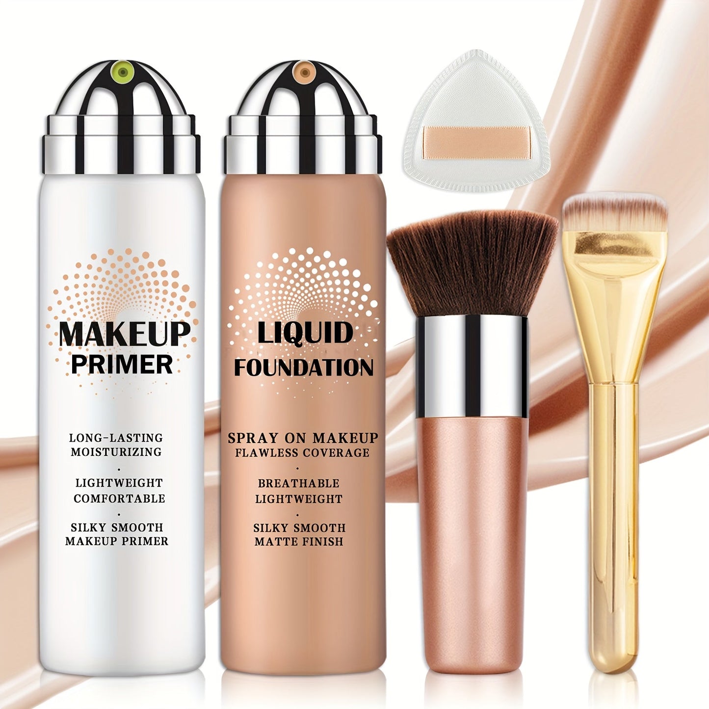 Liquid Foundation & Primer Set for Mature Skin 3-in-1 CC Cream BB Cream Silky Smooth Long-Lasting Formula - Buildable Coverage 4 Shades Natural Beige Nude Porcelain, Anti-Aging Daily Makeup for Women