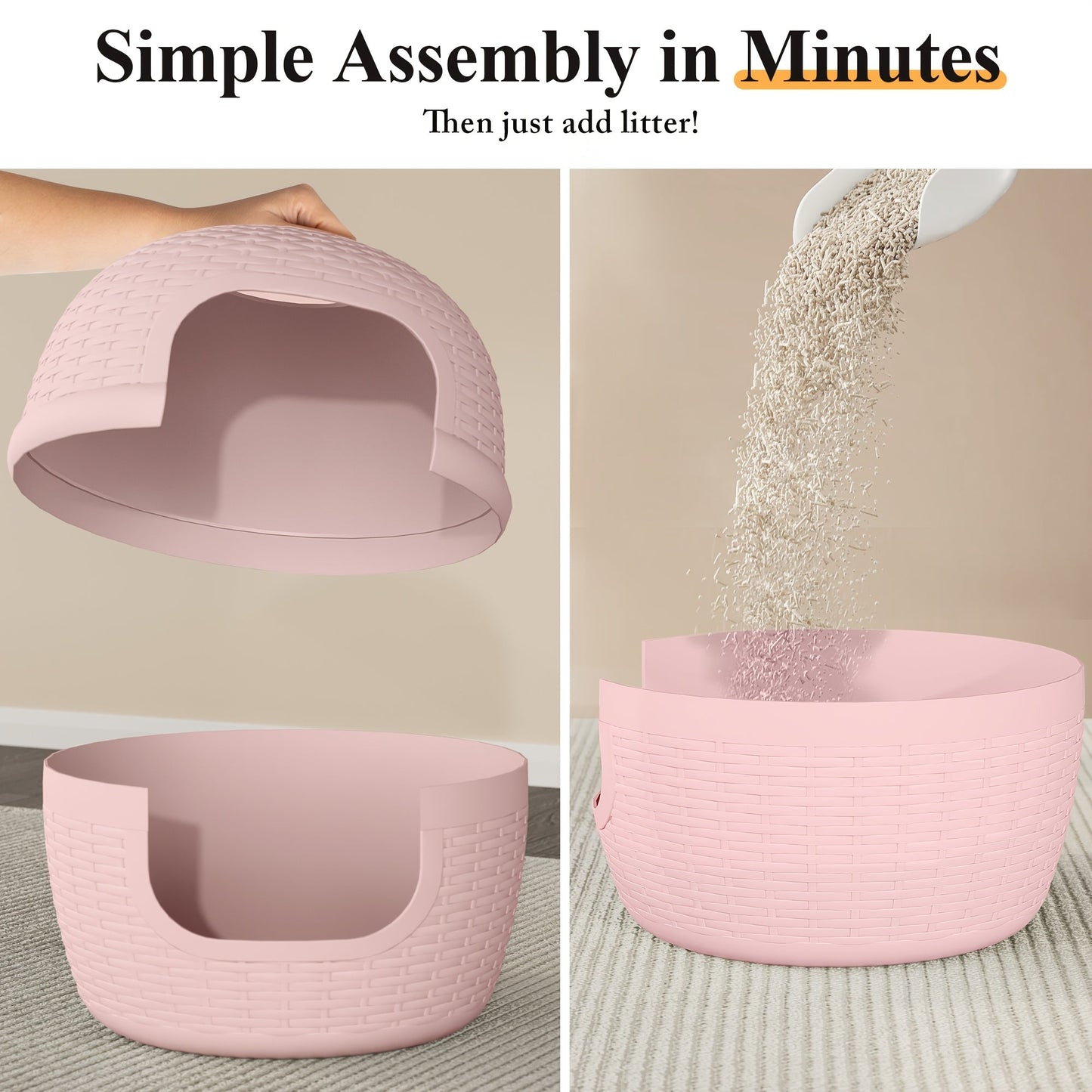 Hidden Litter Box Enclosure with Rattan Plant Design - Large Cat Litter Box Furniture, Waterproof PP, Easy Assembly, Odor Control Indoor Cat Cabinet, Off-White & Pink, Stylish Home Decor