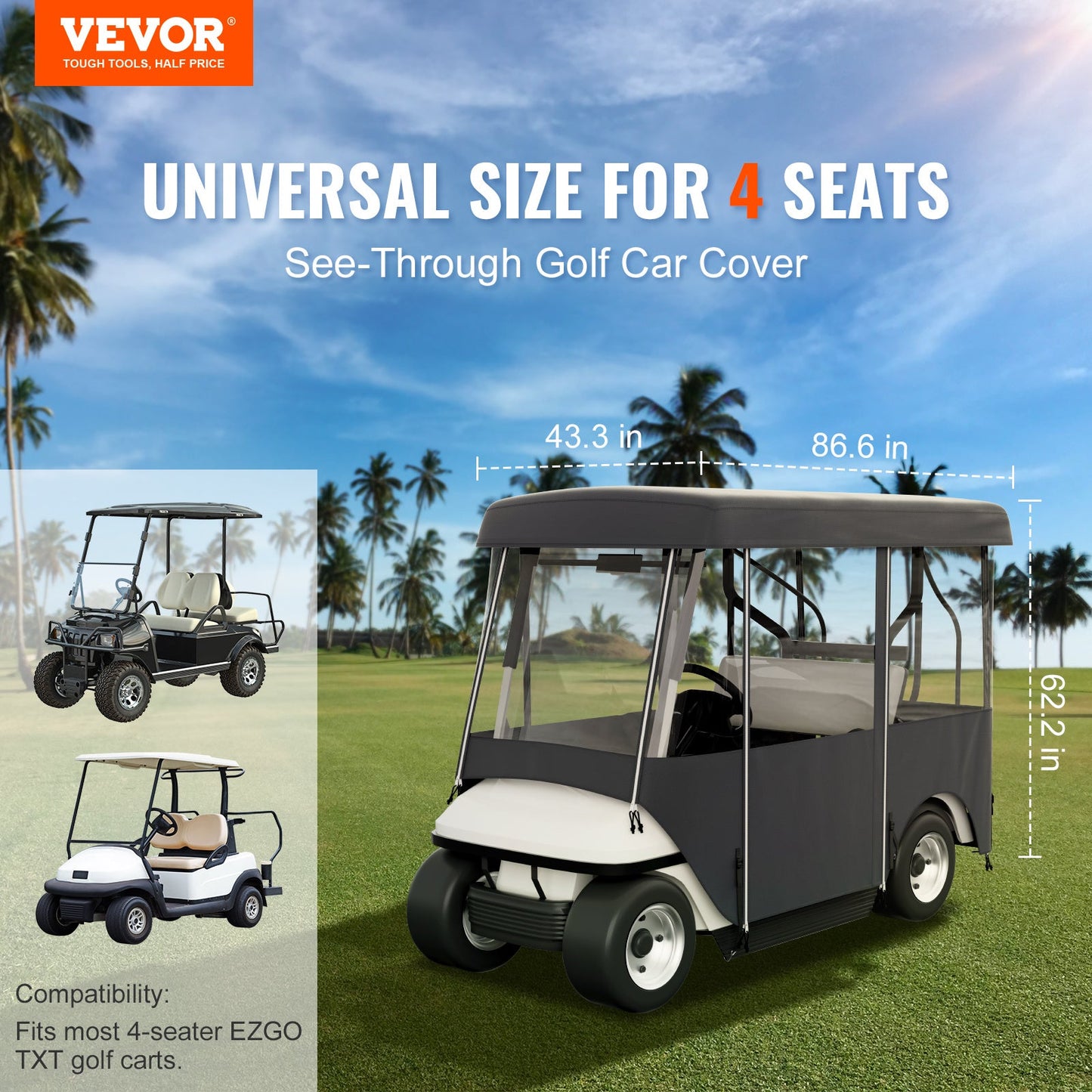Golf Cart Enclosure 4-Person 300D Waterproof Driving Cover 4-Sided with Transparent PVC Windows Zippered Doors UV-Resistant All-Weather Golf Cart Rain Cover Fits 86 Inch Carts