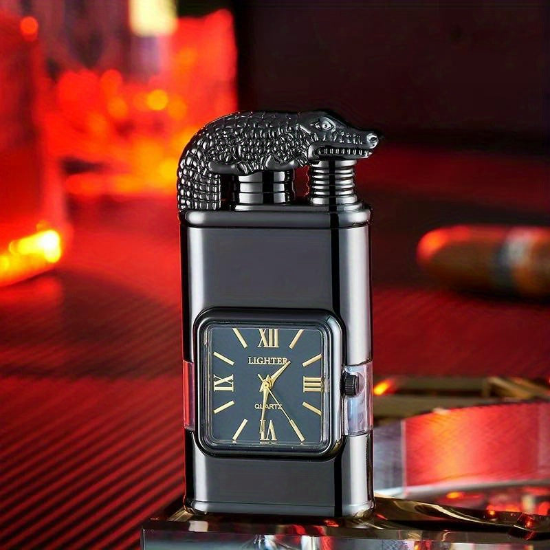 Double Flame Torch Lighter for Men – Windproof Refillable Butane Lighter with Vintage Quartz Dial, Zinc Alloy Body, Gift Box Included, Outdoor Camping BBQ Survival, Unique Engraved Style (Butane Not Included)
