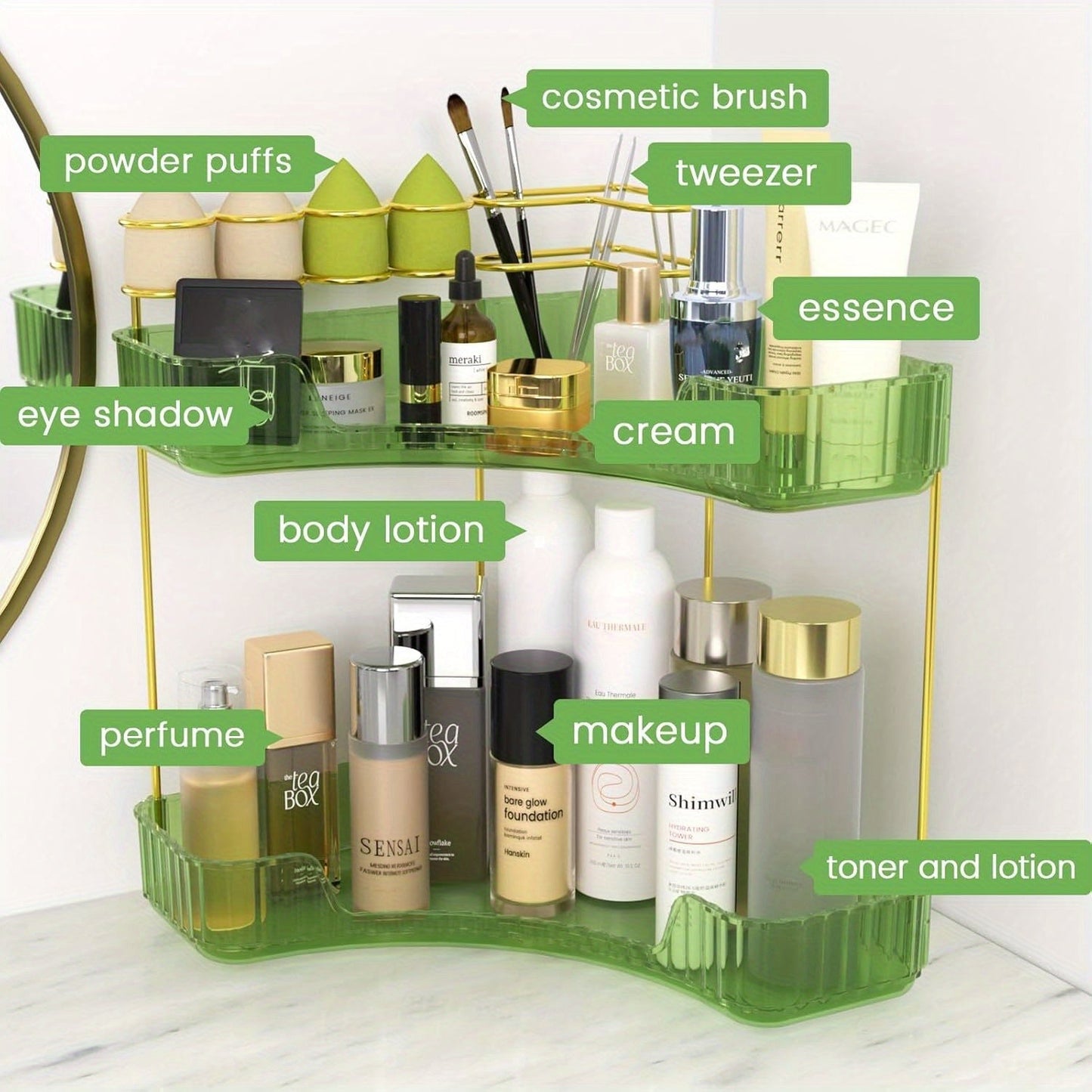 Bathroom Corner Shelf Organizer 2-in-1 Tiered Makeup Skincare Storage with Brush Holder No-Tool Install Space-Saving Countertop Vanity Dresser Kitchen Organizer Women