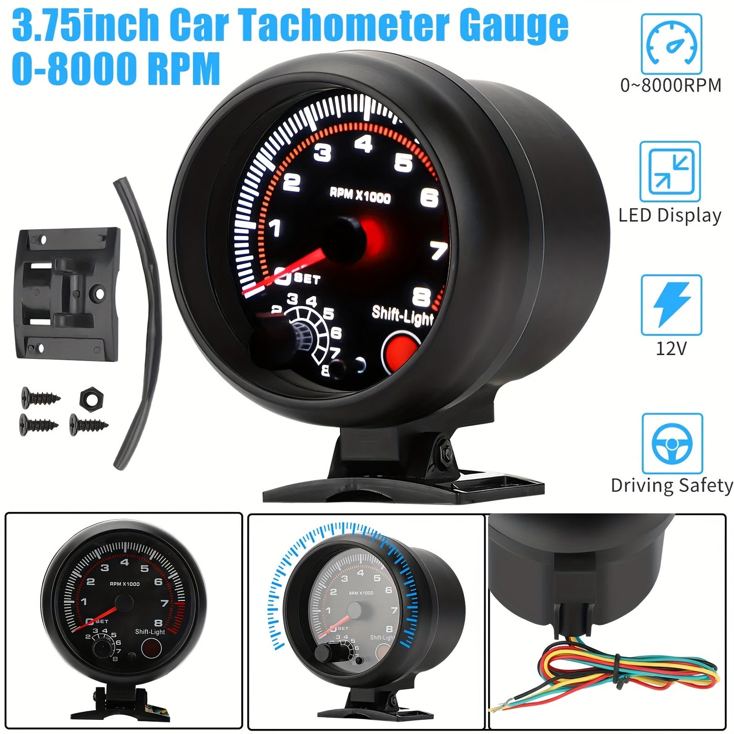 12V Car Tachometer Gauge Meter, 3.75 Inches, Measuring 0-8000 RPM, Featuring an LED Shift Light, Suitable for 4, 6, And 8-Cylinder Engines