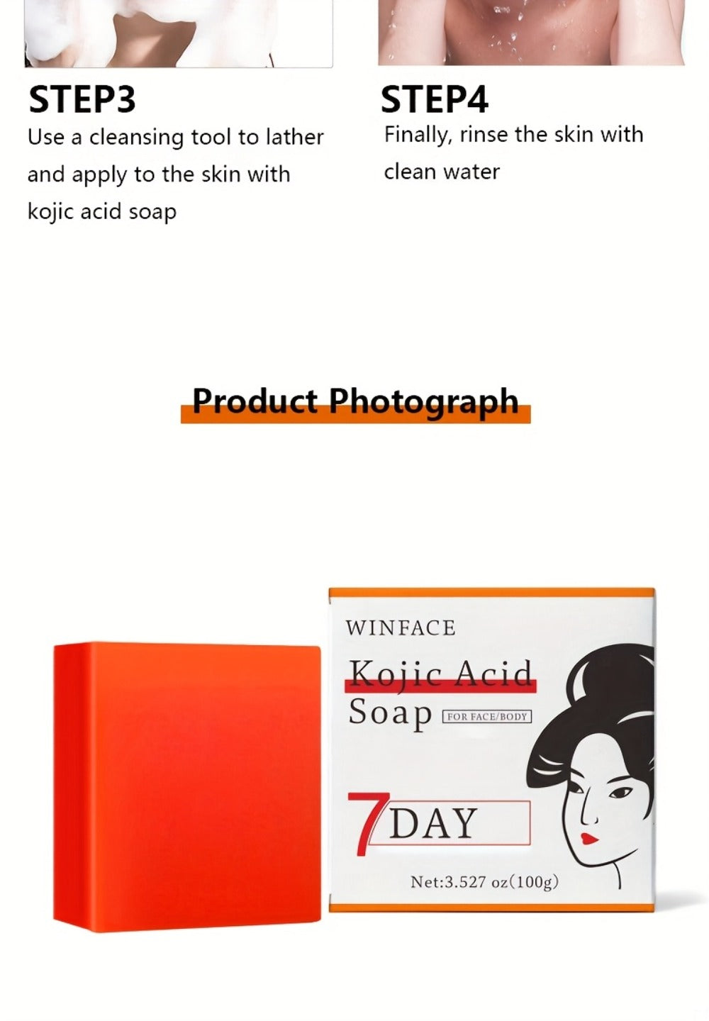 Kojic Acid Brightening Bar Soap 6-Pack – Rose Extract & Glycerin Formula for Dark Spots, Oil Control & Even Skin Tone | Moisturizing Gentle Cleanser for Face, Hand & Body | Natural Orange Scent, 100g Each