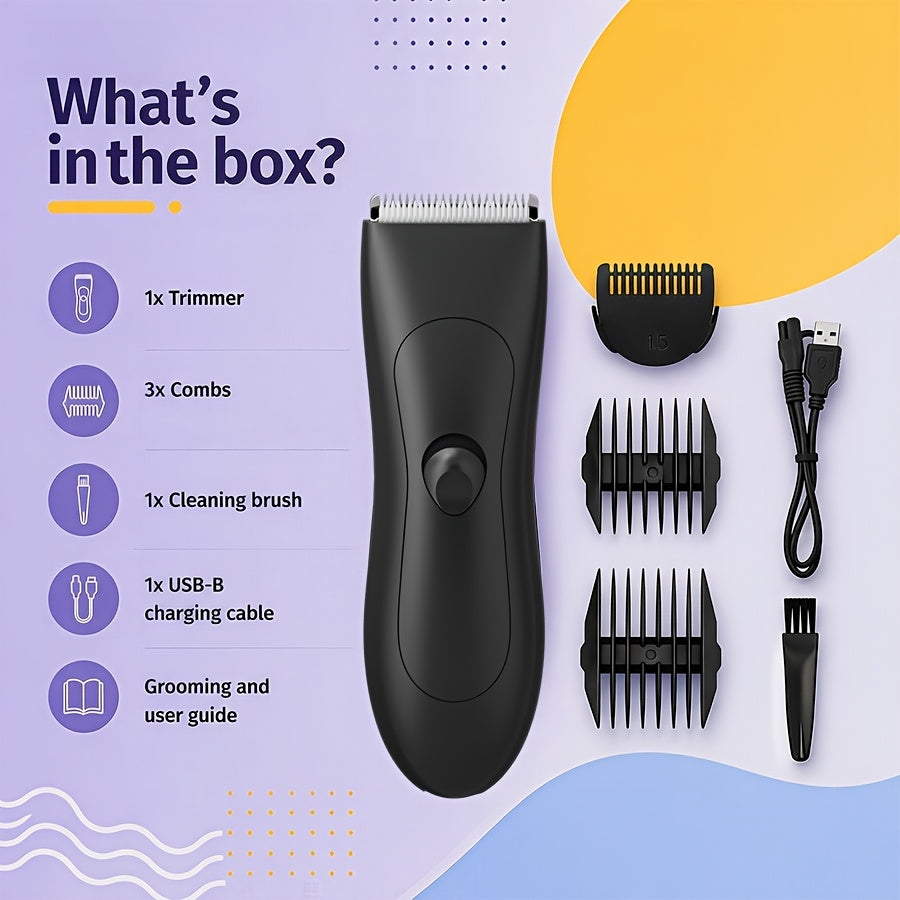 Waterproof Body Hair Trimmer for Men IPX6 Electric Groomer Replaceable Ceramic Blade - Full Body Manscaping Chest Groin Underarm Back Hair Shaver Wet Dry Black Purple Gift