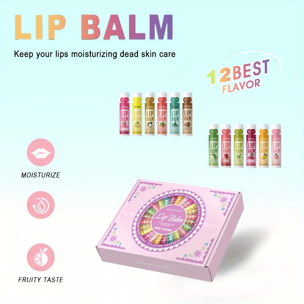 Lip Balm Gift Set 48pcs MISS FACTORX - Moisturizing Glycerin Lip Butter, Hypoallergenic Natural Finish for All Skin Types, Unisex Adult Lip Care Variety Pack, Valentine's Day & Mother's Day Gift for Her