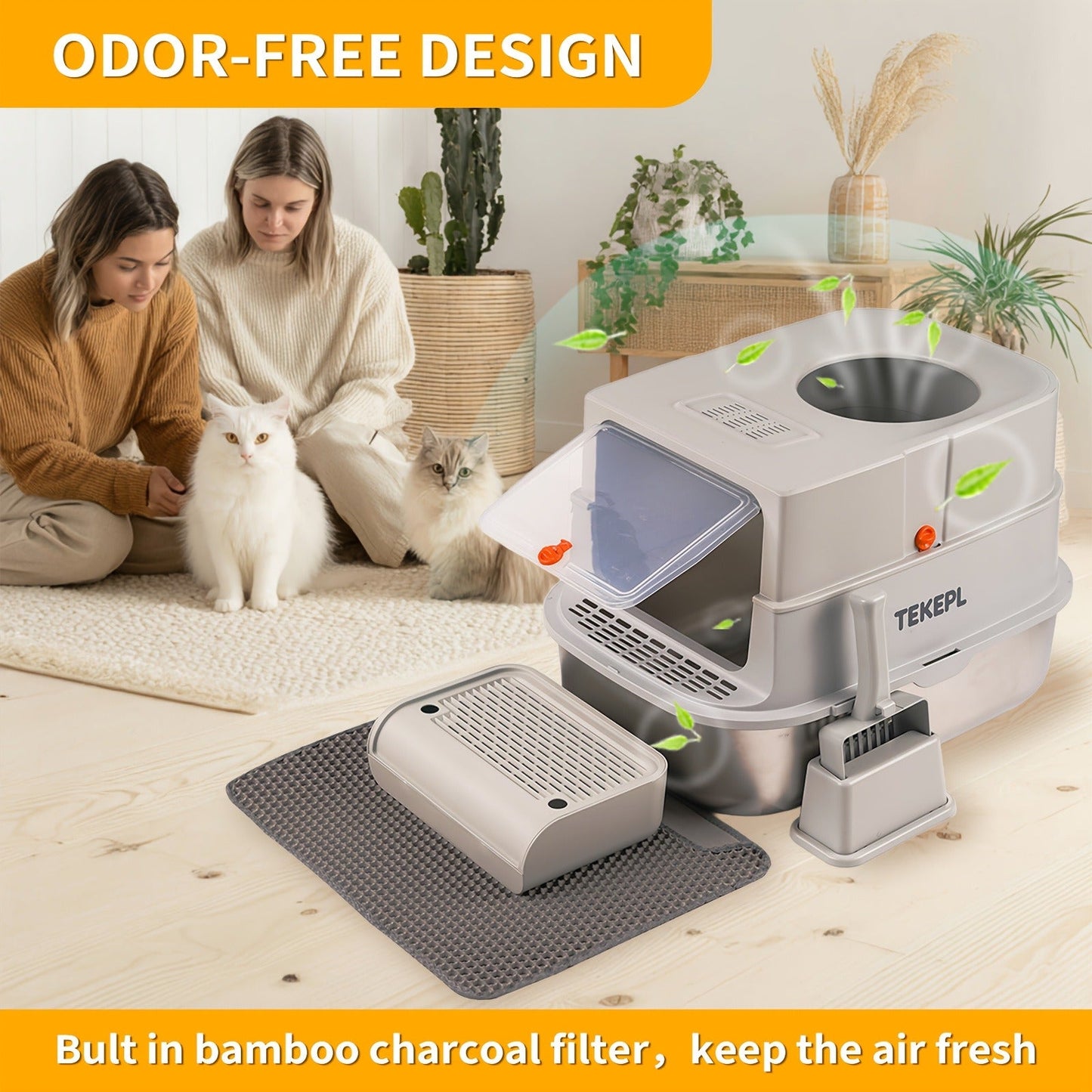 Stainless Steel Cat Litter Box with Lid - Extra Large 68L Enclosed & Semi-Open Modular System, 304 Steel Non-Stick Easy Clean, Charcoal Filter, Litter Mat & Scoop Included, Indoor XL Pet Toilet