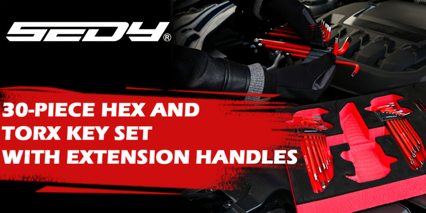 Hex Key & Torx Wrench Set 30-Piece – Long Arm Ball End Allen Wrenches with T-Handle & Extension Bar | SAE, Metric & Torx T10–T50 | Chrome Vanadium Steel