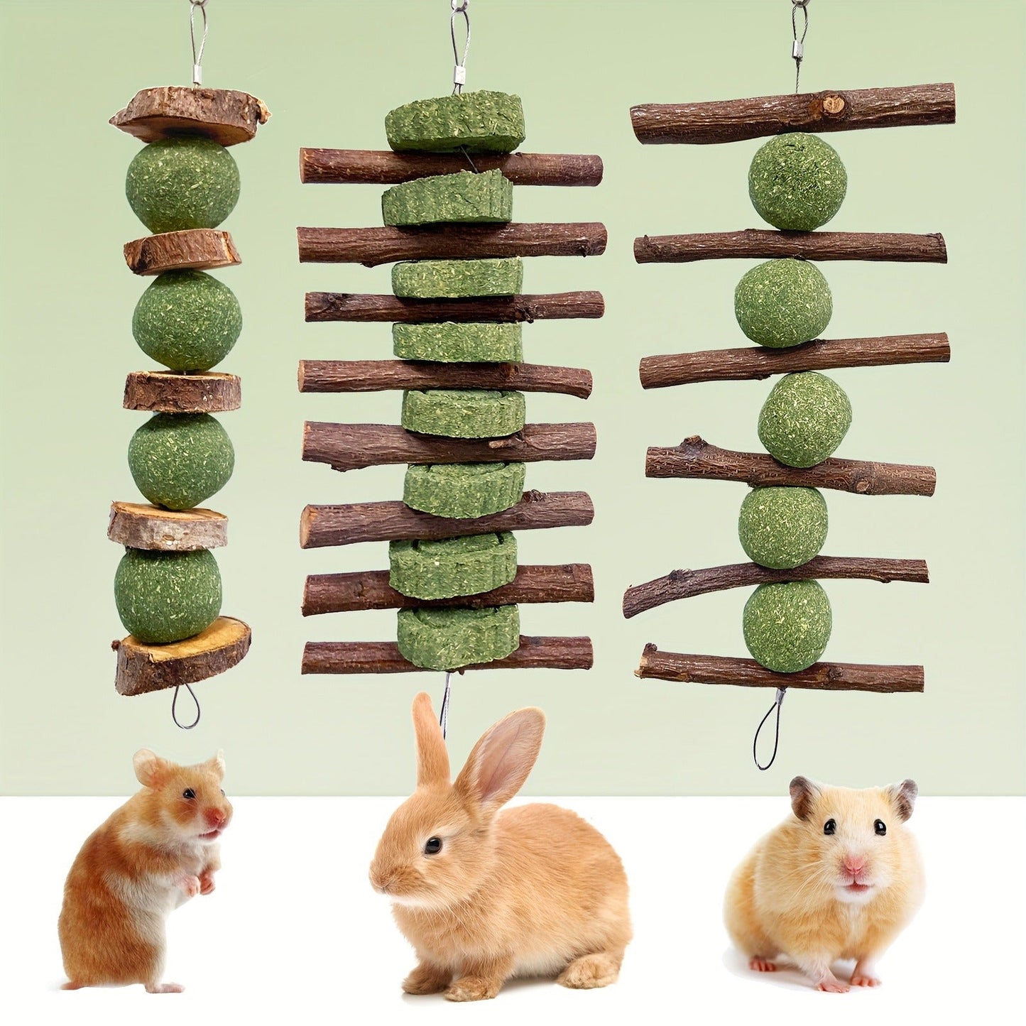 Grass Cake Chew Toys 3pcs – Natural Woven Hay Cake Teeth Grinding Strings for Hamsters, Rabbits & Small Pets, Dental Care Foraging Enrichment Toy