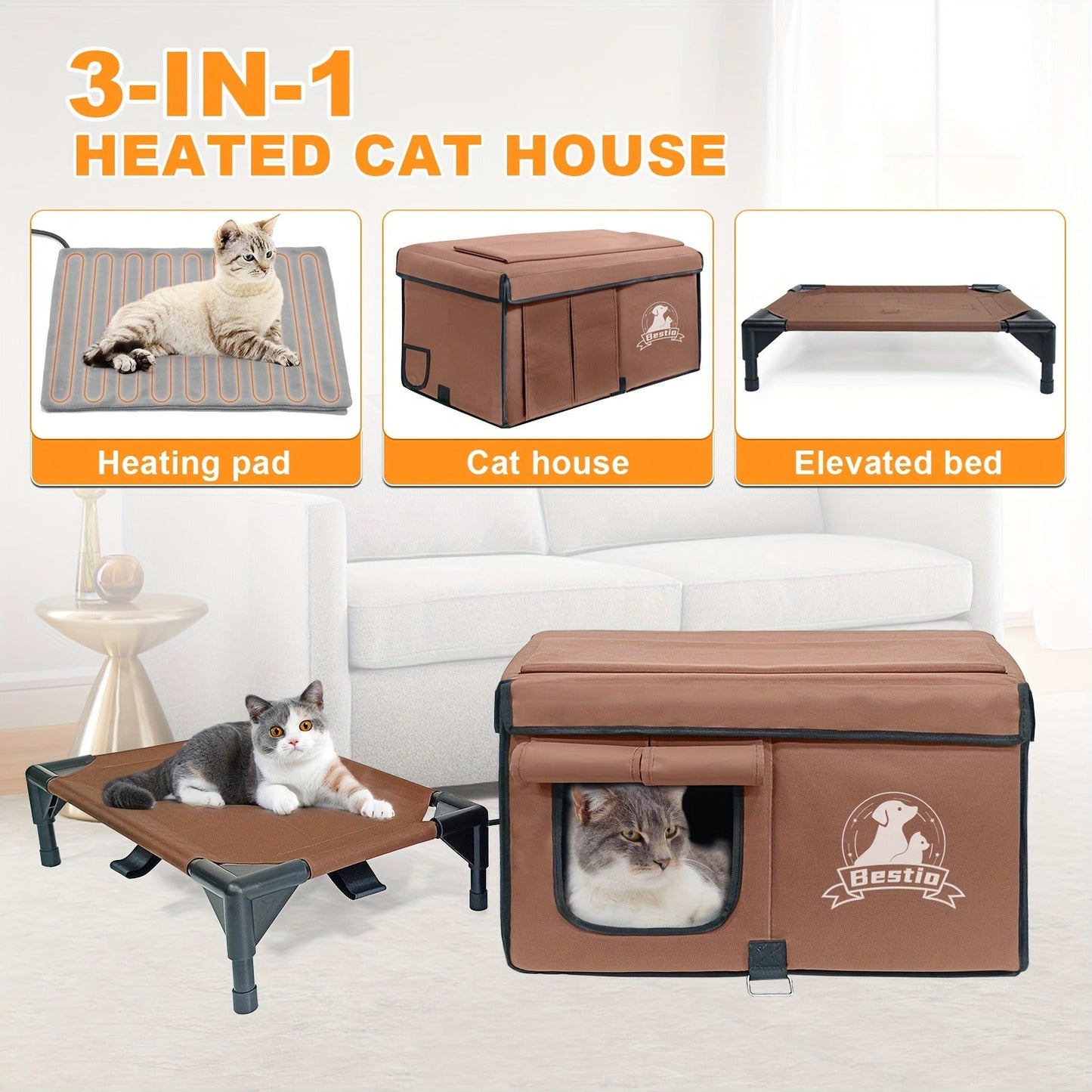 Heated Cat House 3-in-1 with Removable Warming Pad, Elevated Cat Bed for Indoor & Outdoor Cats, Chew-Resistant Cord, Double Door Cat Cave, All-Season Cat Shelter & Condo