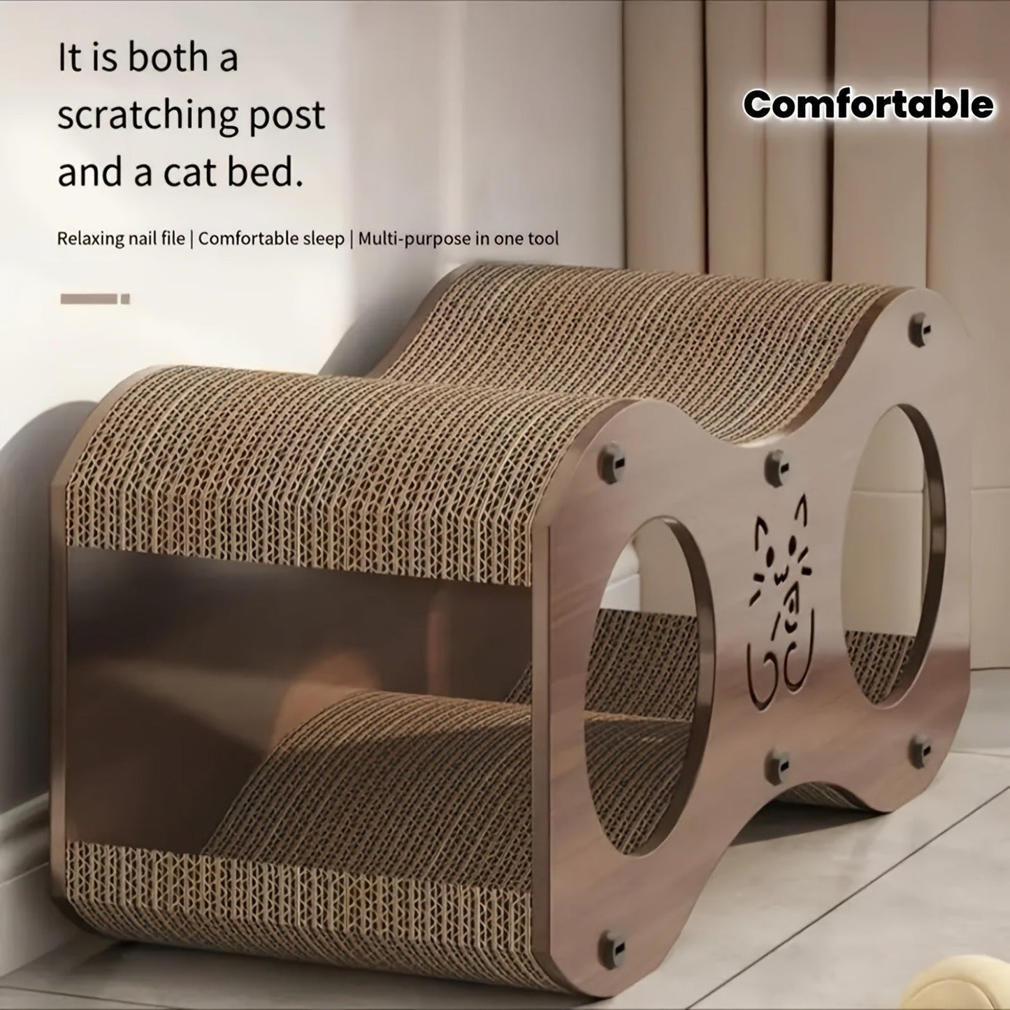 Cat Scratching Post with Integrated Cat Bed - Sturdy Walnut Wood Base, 4-Season Woven Scratch Pad, Indoor Cat Scratcher Lounge for Scratching, Lounging & Play, Oak Color with Optional Cat Toy