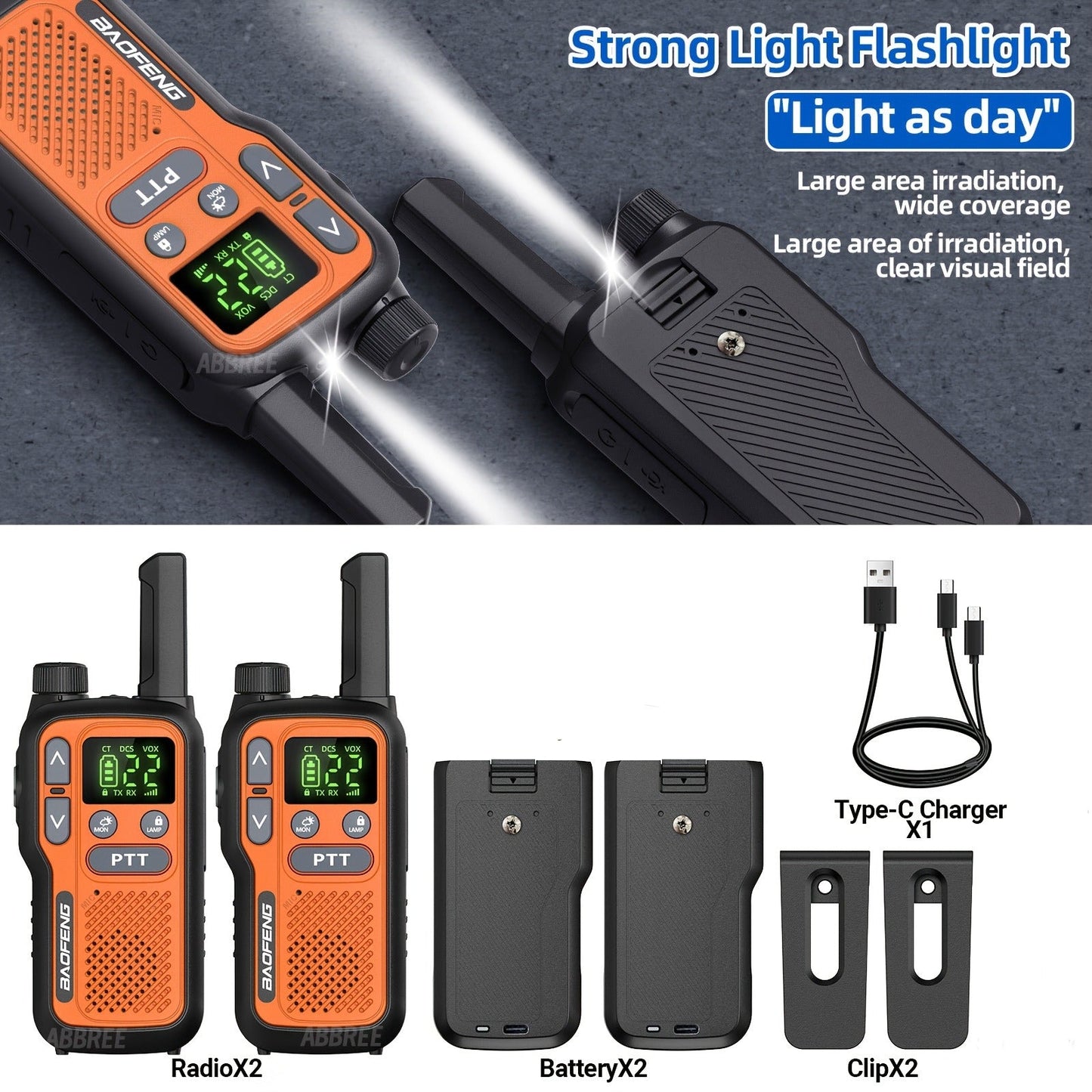Long Range Walkie Talkies for Adults, BAOFENG 22 FRS Channels LCD Display VOX Hands-Free, USB-C Rechargeable Li-ion Battery, 2-3 Mile Range, for Hiking Camping Family Outdoor Emergency