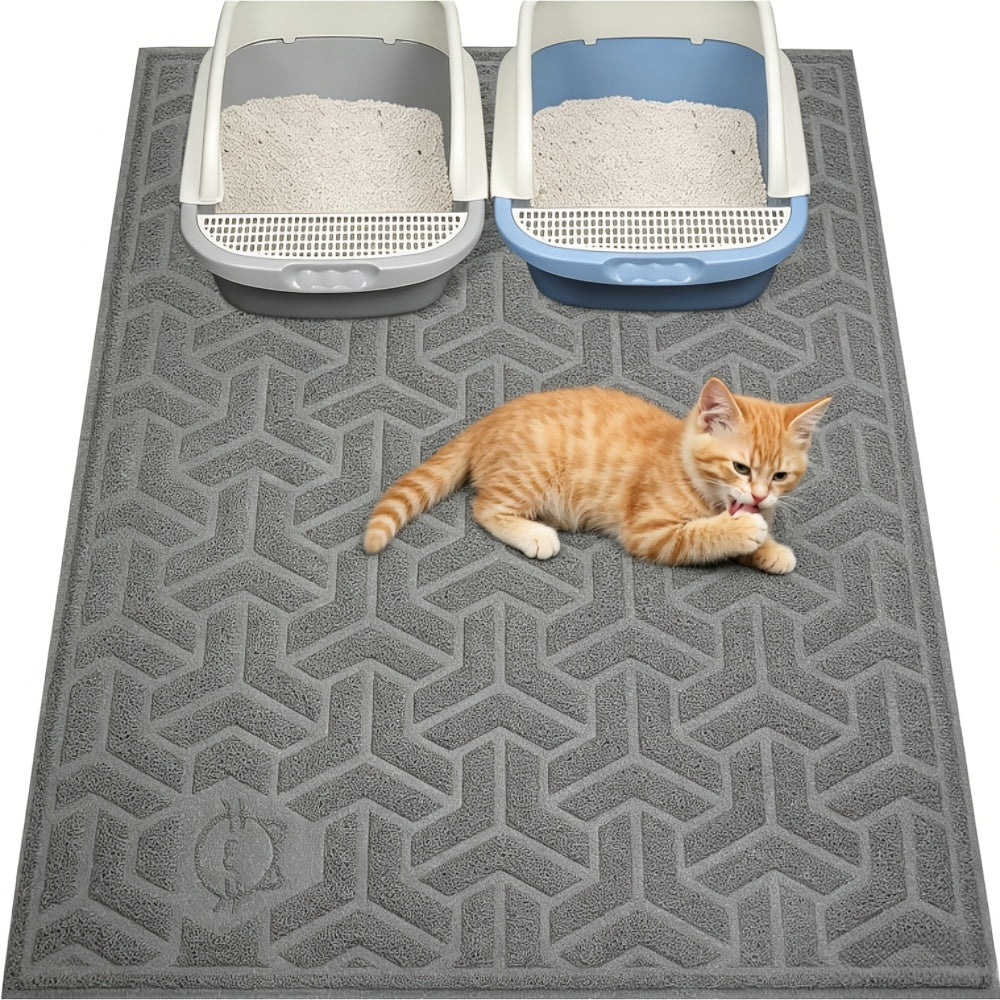 Cat Litter Mat Extra Large 46" x 35" - Litter Trapping Mat with Anti-Slip Bottom, Urine-Proof PVC, Soft on Paws, Scatter Control Litter Box Mat for Indoor Cats, Easy to Clean, Gray & Blue