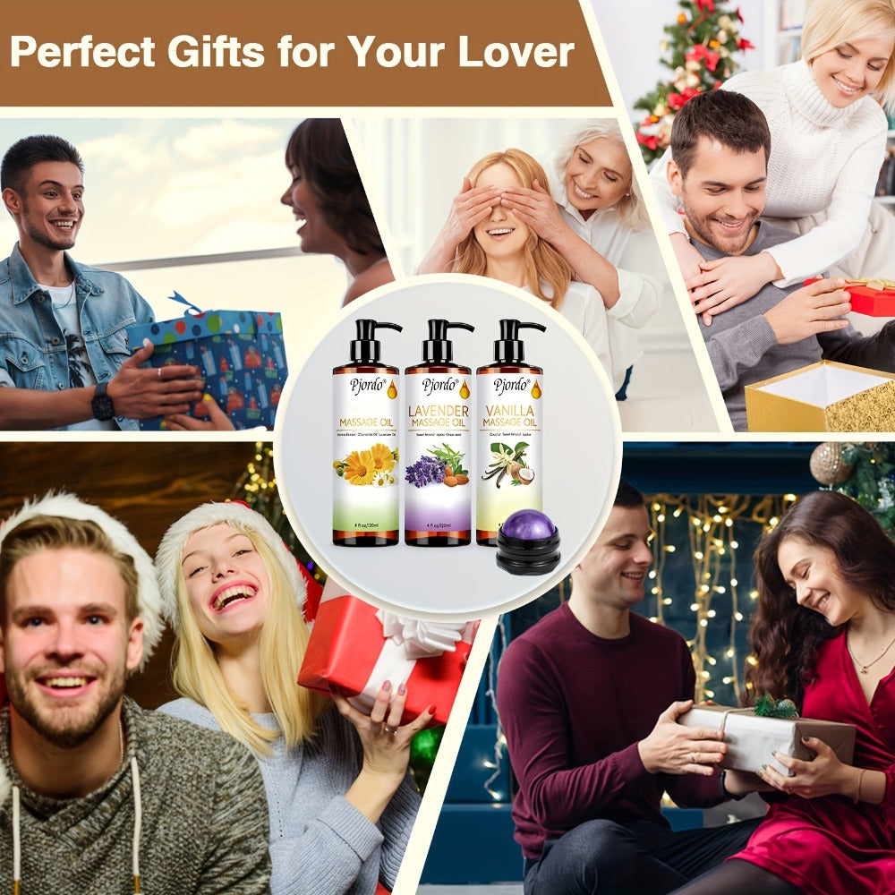 Massage Oil Set 3pcs Roller Ball – Vanilla Arnica & Lavender Essential Oils Moisturizing Body Massage Kit for Couples Date Night Relaxation Muscle Relief Unisex 4.06oz