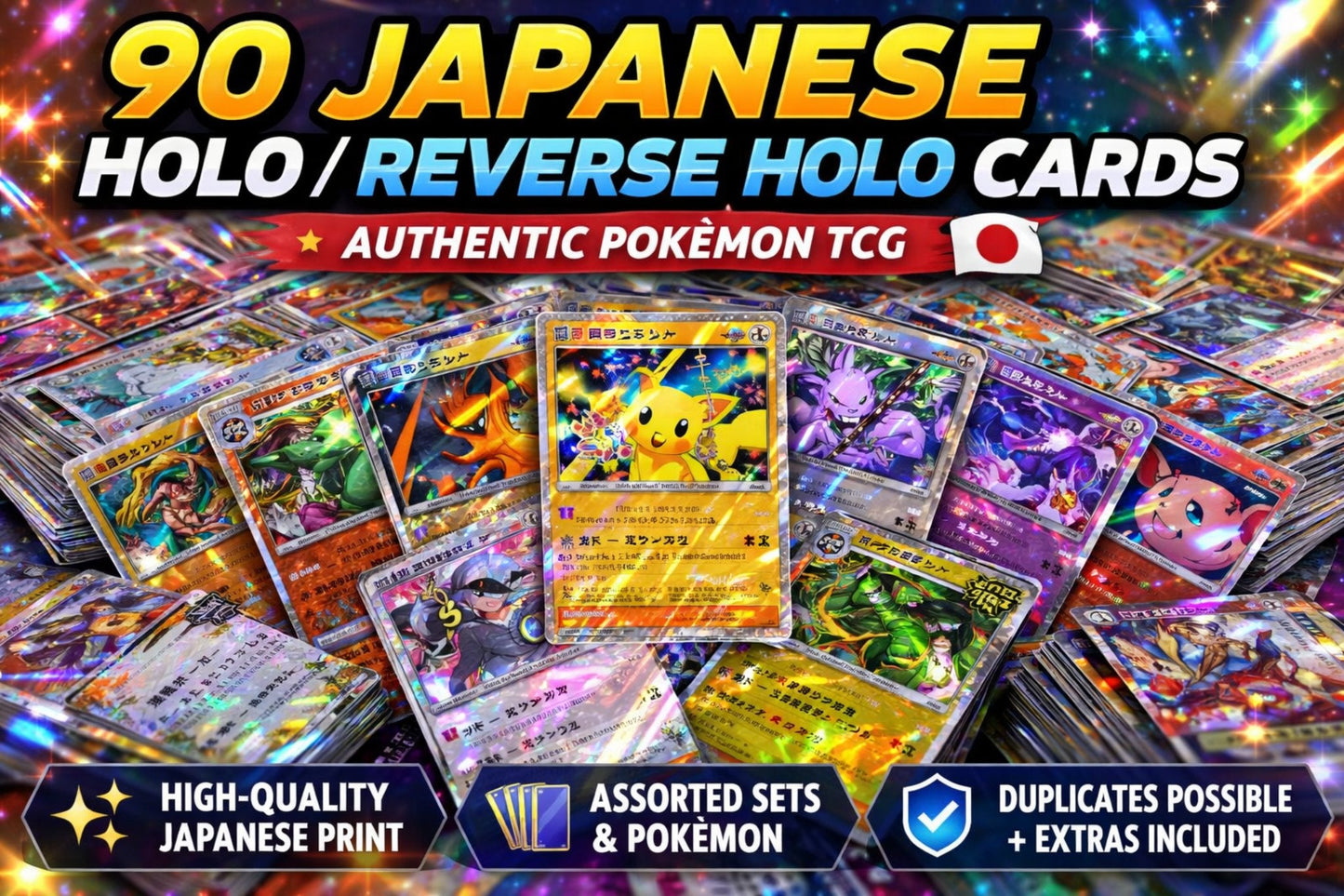 Japanese Pokemon Cards Lot 90ct Holo & Reverse Holo – 30 Holo + 60 Base Assorted Authentic Japanese Edition Holographic TCG Cards, Bulk Collection for Collectors Resellers Deck Builders