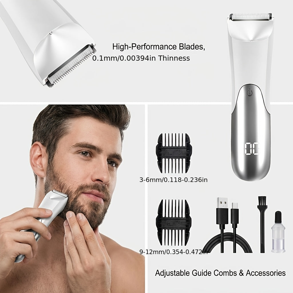 Ceramic Blade Groin Trimmer for Men USB Rechargeable Electric Body Hair Shaver Dry Wet Use 2 Protective Covers 500mAh Lithium Battery Pubic Chest Back Grooming Gift Valentine Father's Day