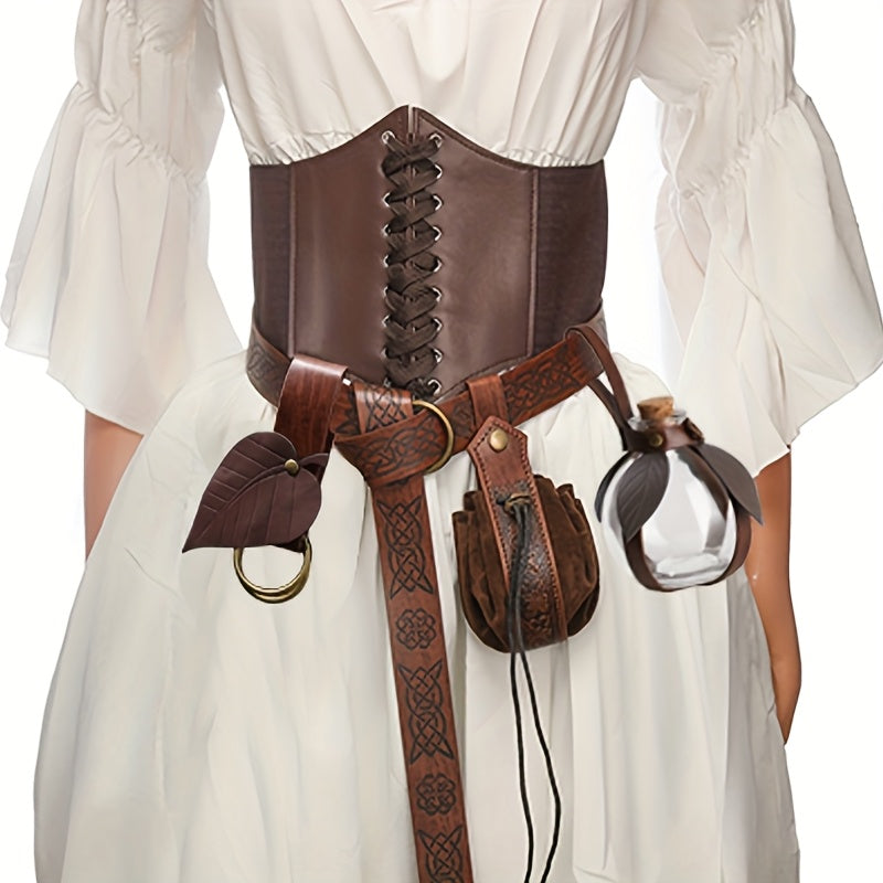 Renaissance Corset Set 5-Piece Ladies – Medieval Belt Pouch Potion Bottle Waist Protector, Women Halloween LARP Cosplay Renaissance Fair Outfit, Stage Prop & Photography Costume Gift