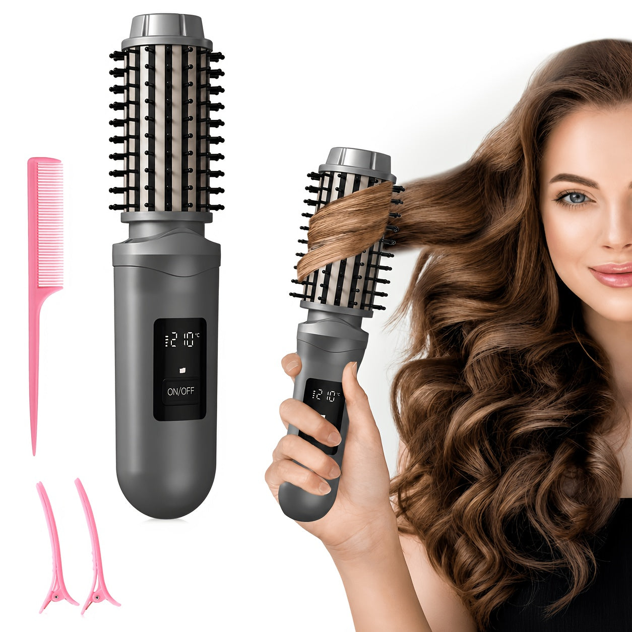 Cordless Hair Curler Brush 2-in-1 Straightener - Rechargeable Wireless Auto Curling Iron LED Display Portable Travel Styling Tool for Women White Grey