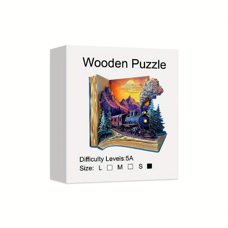 Wooden Jigsaw Puzzle for Adults Galloping Train – 3D Vision Effect Unique Shape Pieces, Book-Style Display, Mountain Sunset Art, Unique Birthday Christmas Holiday Gift for Train Lovers & Puzzle Enthusiasts (S & L Sizes)