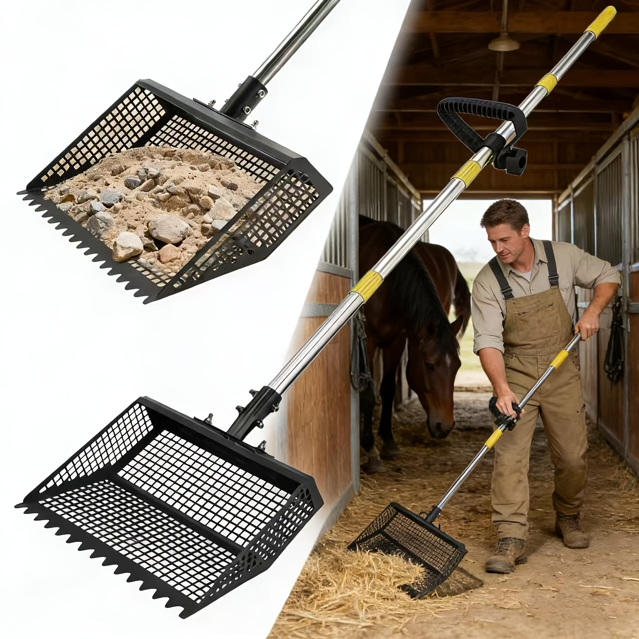 Cat Litter Scooper 2-in-1 Heavy Duty Rake with Adjustable 26–76" Stainless Steel Handle, Shatterproof Sand Sifting Shovel for Litter Box, Chicken Coop, Horse Stable & Barn Stall Cleaning, 13 Inch