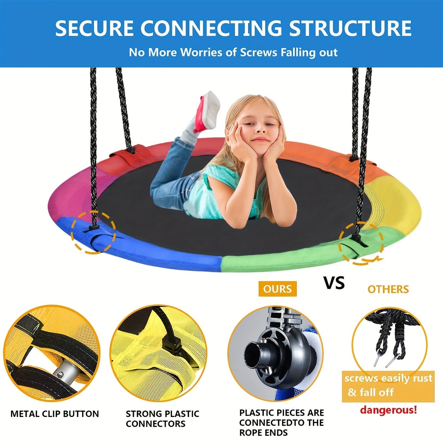 Saucer Tree Swing 43 Inch 360 Degree Rotating Flying Saucer Swing with Swivel Hanging Straps Adjustable Ropes Round Spinner Swing for Tree Swing Set Kids Outdoor