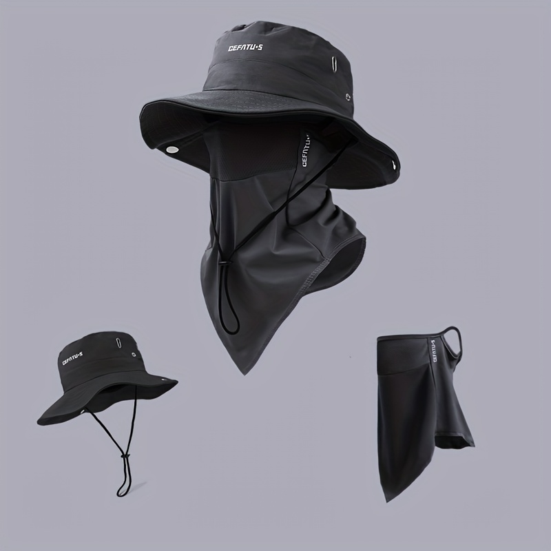 Wide Brim Sun Hat with Face Mask 2-Set UV Protection Foldable Fishing Hat, Breathable Drawstring Outdoor Cap for Beach, Fishing, Hiking & Outdoor Work, Unisex Men & Women, Black Gray Khaki