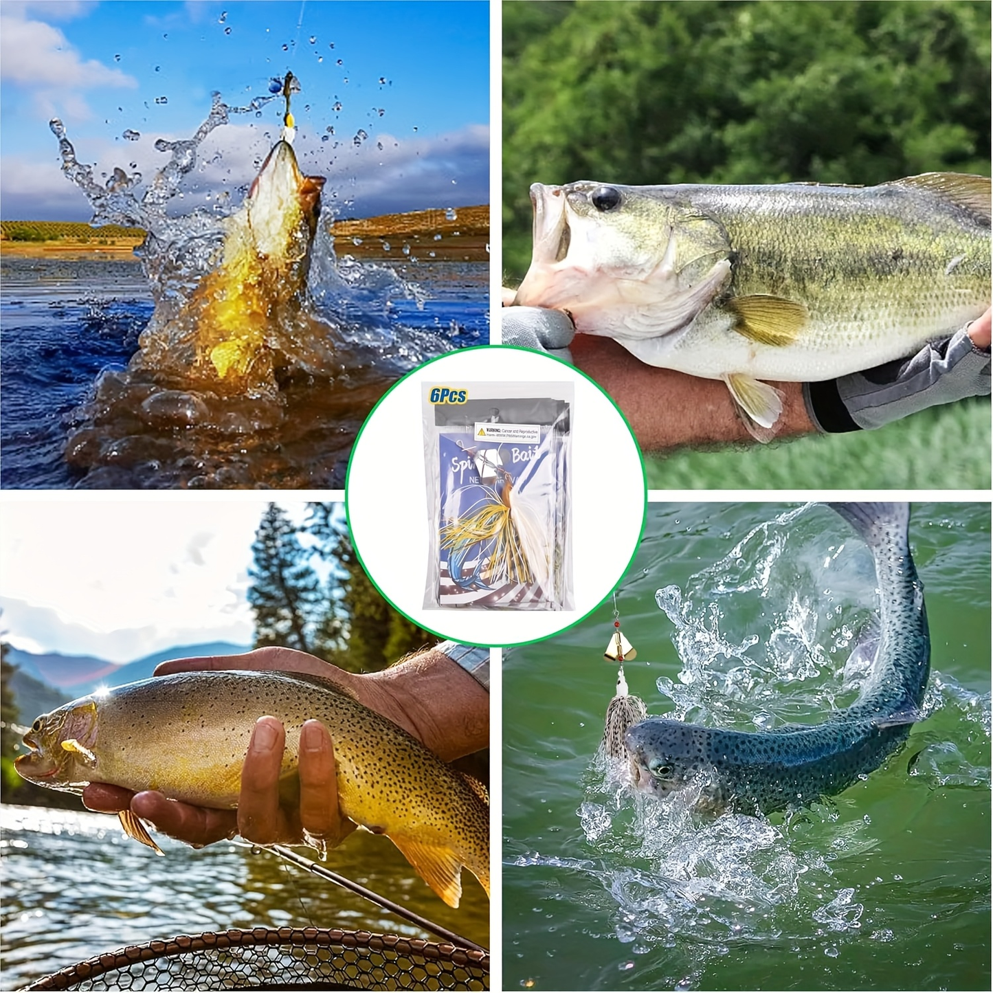 Spinnerbait Buzzbait Fishing Lures 6pcs 3/4oz Multicolor Bass Lure Set with 3D Eyes Rotating Blade Steel Wire Frame for Freshwater Saltwater Bass Trout Salmon Shallow Water Fishing