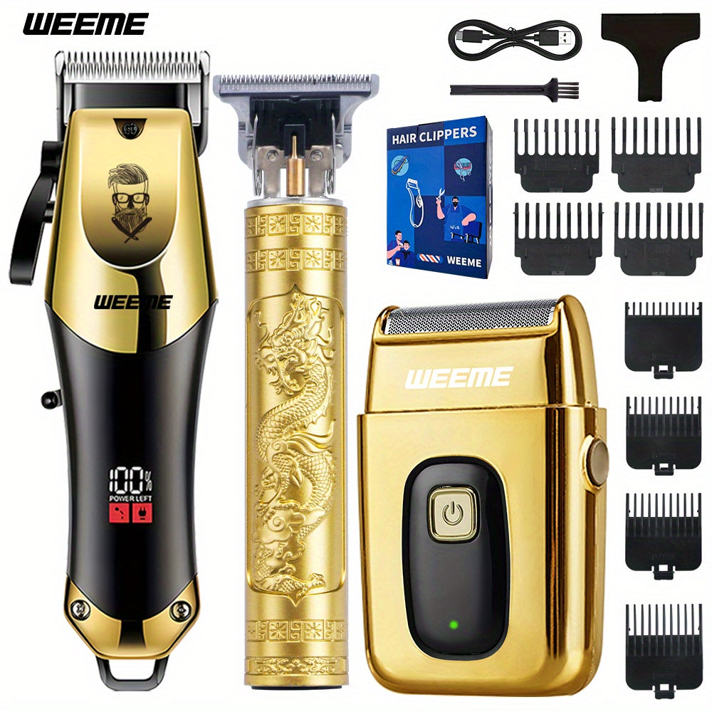 Hair Clipper Grooming Kit for Men USB Rechargeable with LCD Display | 8 Guide Combs Trimmer Shaver Set | Professional Home Hair Cutting Kit | Single 2pcs 3pcs Options Gift Set for Men