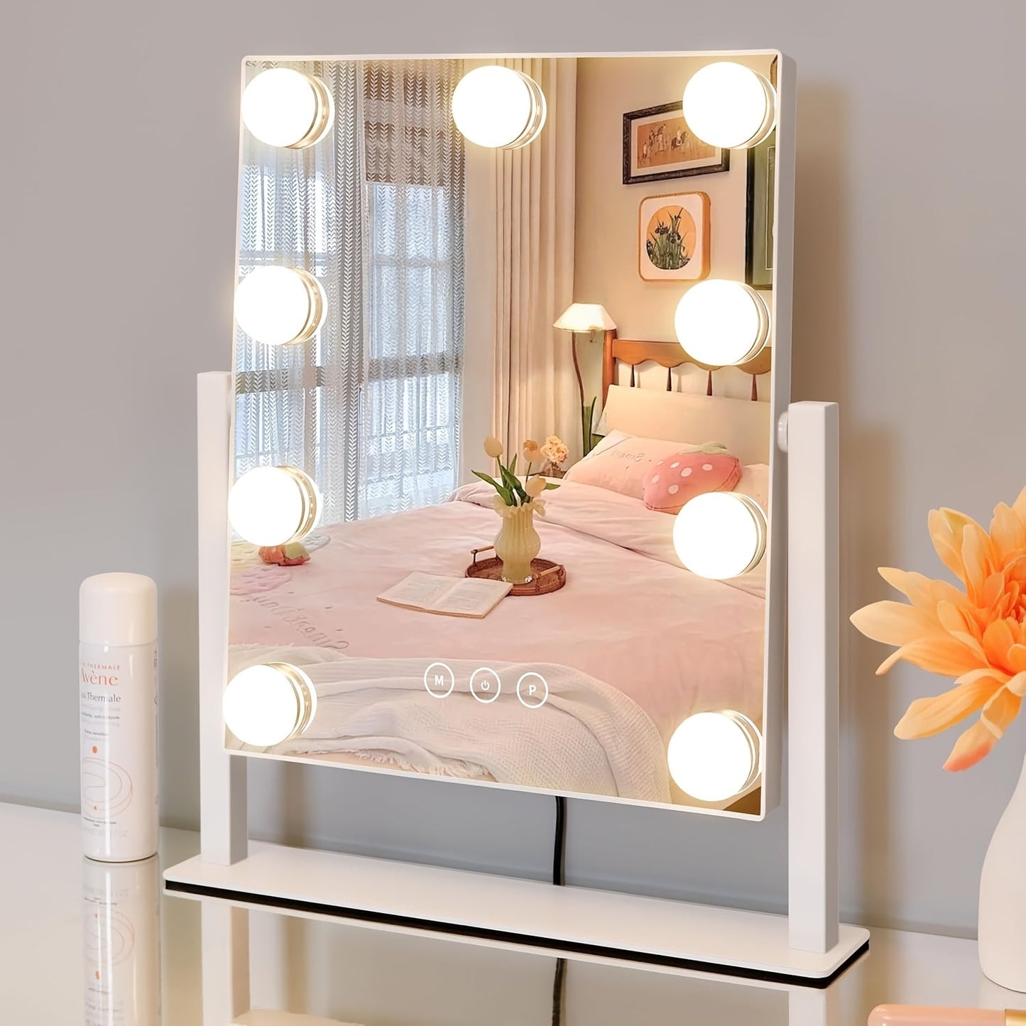 Lighted Makeup Mirror 5X Magnifying 9 LED Hollywood Vanity Mirror - 3 Color Lighting Modes, 360° Rotating, USB Powered Touch Control Tabletop Makeup Mirror for Women Desk Bedroom Gift