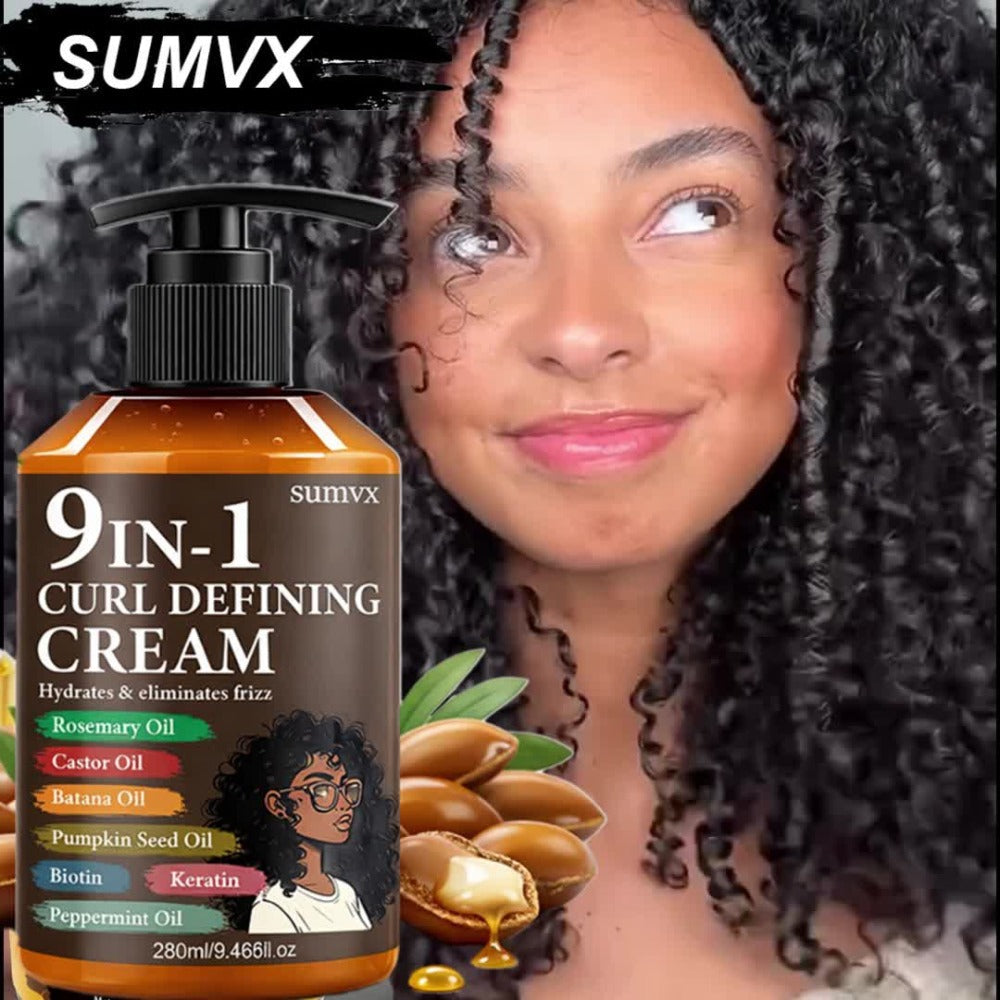 Curl Defining Cream 9-in-1 for Wavy Curly Hair 9.468 fl oz Frizz Control Moisturizing Long-Lasting Hold Non-Greasy Unisex Multi-Benefit Styling Cream Defined Bouncy Healthy-Looking Curls