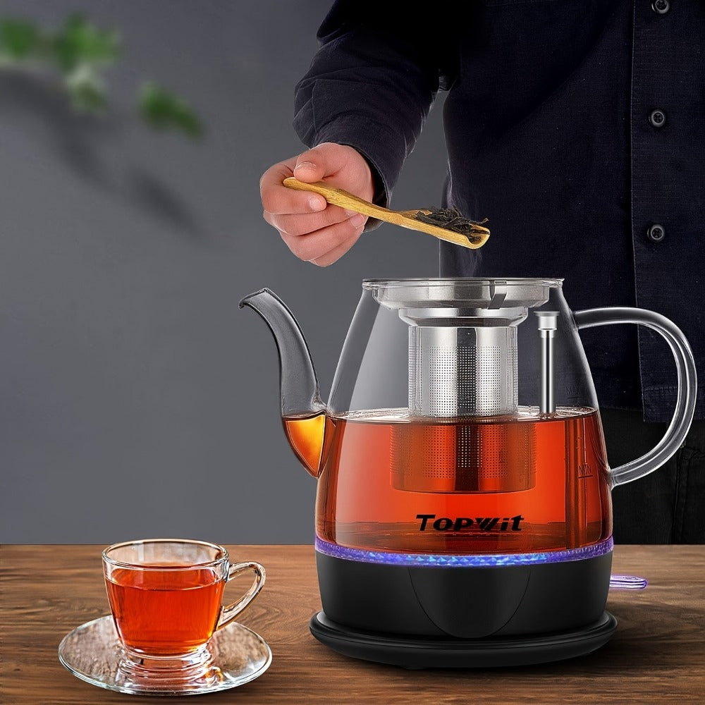 Pour Over Glass Electric Kettle with Removable Stainless Steel Tea Infuser – 1L 33.81oz BPA-Free Dual-Purpose Hot Water Kettle for Tea & Coffee, Auto Shut-Off & Boil-Dry Protection, Elegant Countertop Design