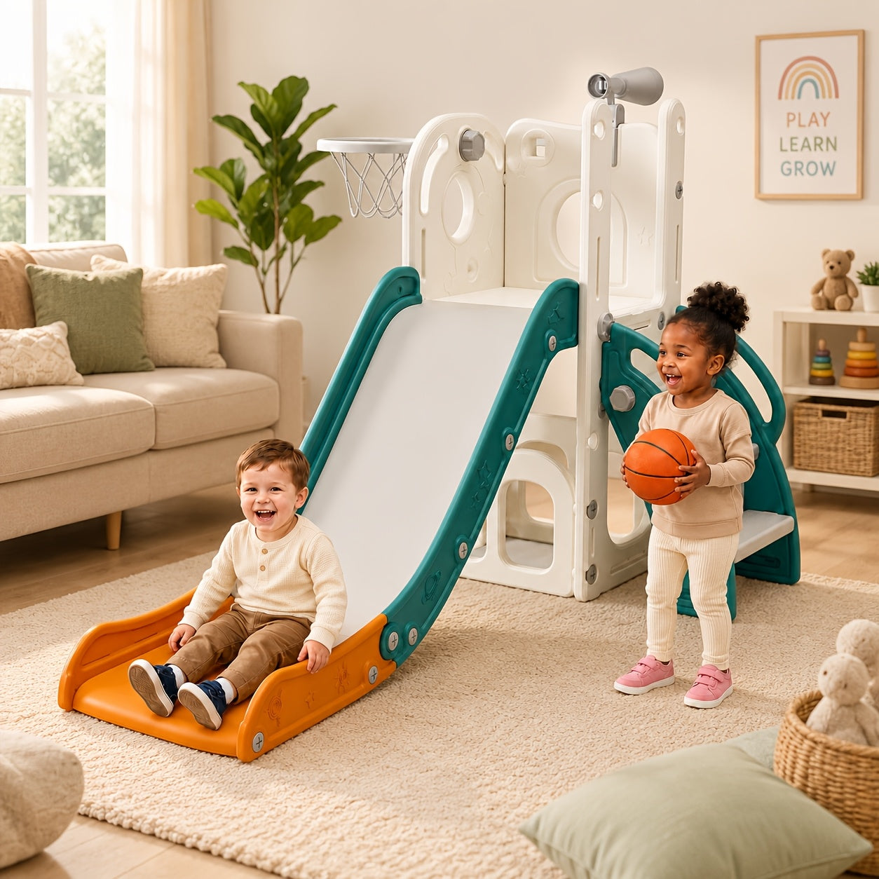 Toddler Slide & Climber Playset L-Shaped Indoor Outdoor Playground with Basketball Hoop Storage Telescope Easy Assembly Birthday Gift Boys Girls