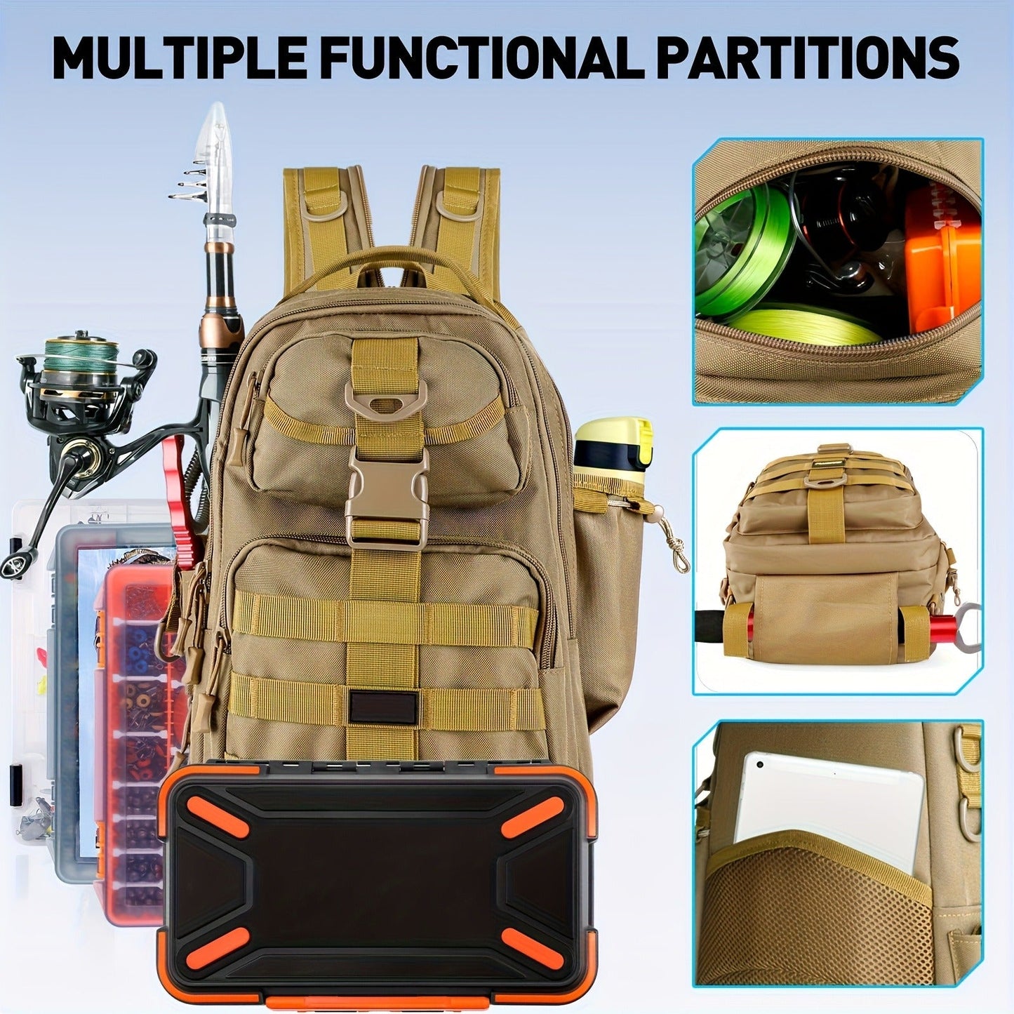 Waterproof Fishing Rod Backpack 42L – Built-In Rod Tube, 16 Pockets & Insulated Cooler Option | Black, Camo, Khaki, Gray