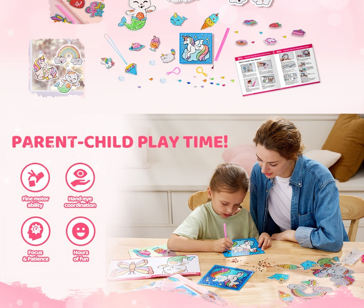 Diamond Gem Painting Kit for Girls Ages 6+ 16 Projects – 5D Gem Art Set with 2800+ Gems Unicorn Suncatchers Keychains Necklaces Stickers, All-in-One Arts Crafts Birthday Christmas Gift