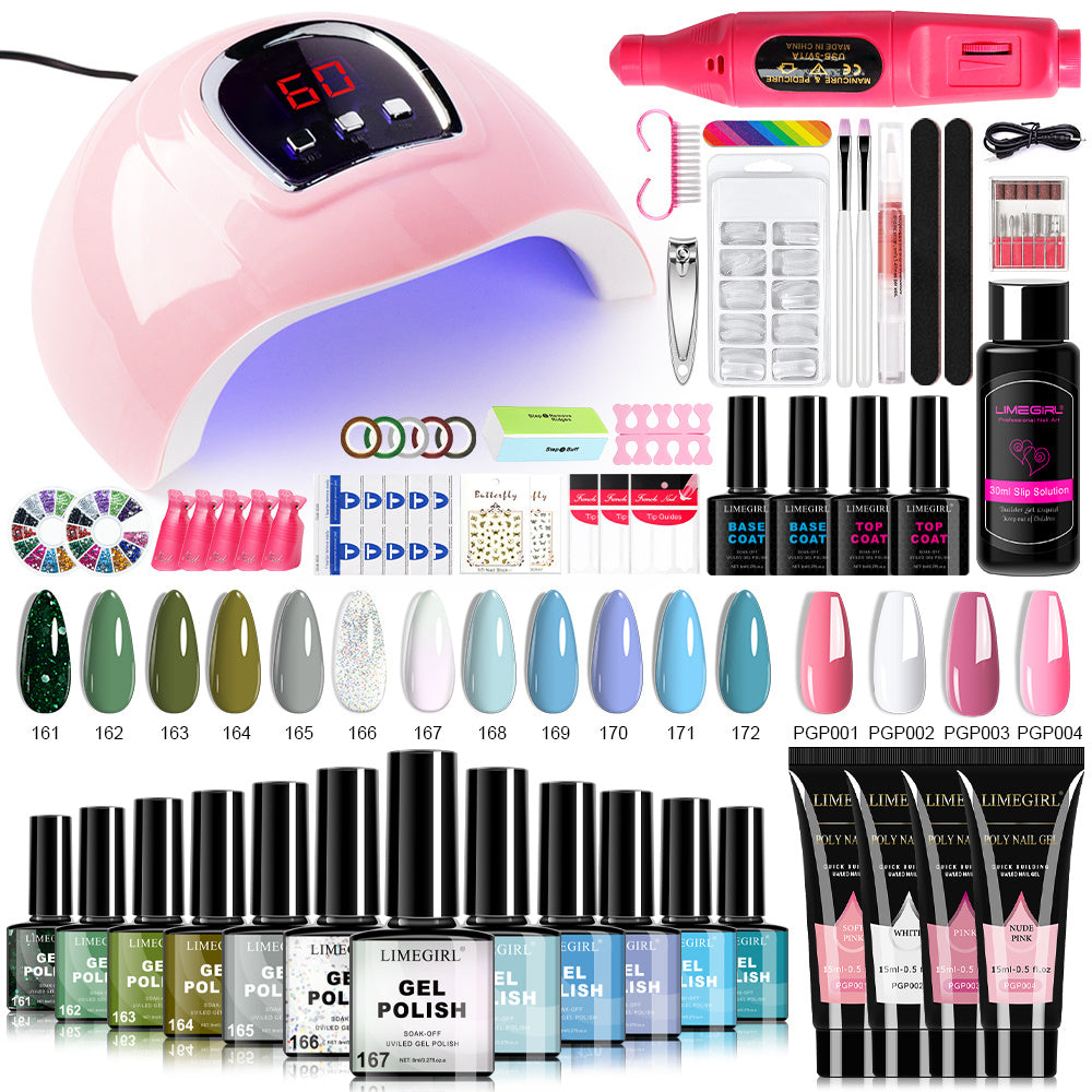 Gel Nail Polish Kit with UV Lamp & Electric Nail Drill - 12 Colors Gel Polish Set, Poly Extension Gel, Top & Base Coat, Glitter Nail Art Complete Starter Set for Home Salon, Beginner Gift