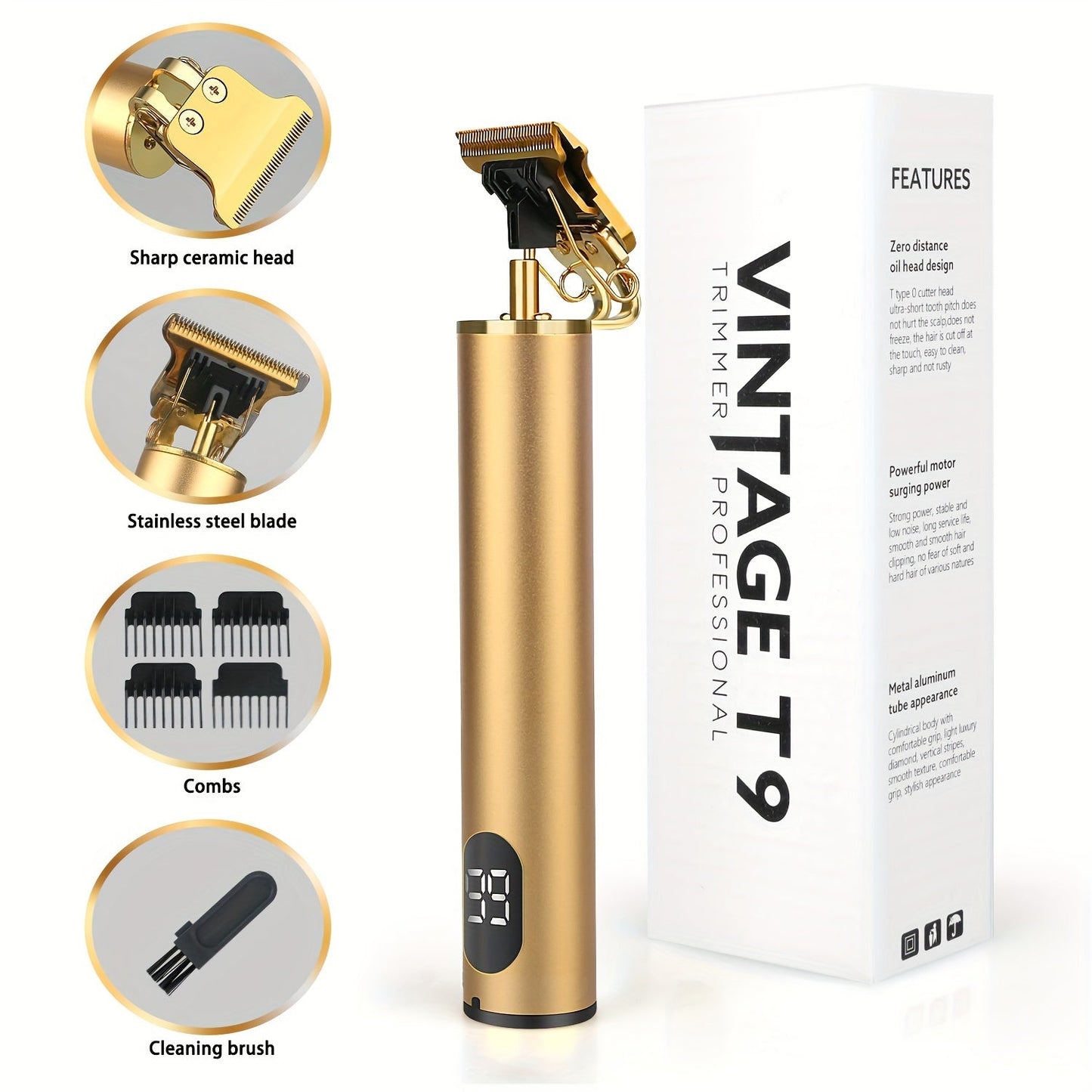 T-Blade Trimmer for Men Cordless Rechargeable - Nano Titanium Alloy Blades LED Display 4 Guide Combs 1.5-4mm - Pro Electric Hair Clipper for Hairline Fade Outline Beard Sculpting Black & Gold