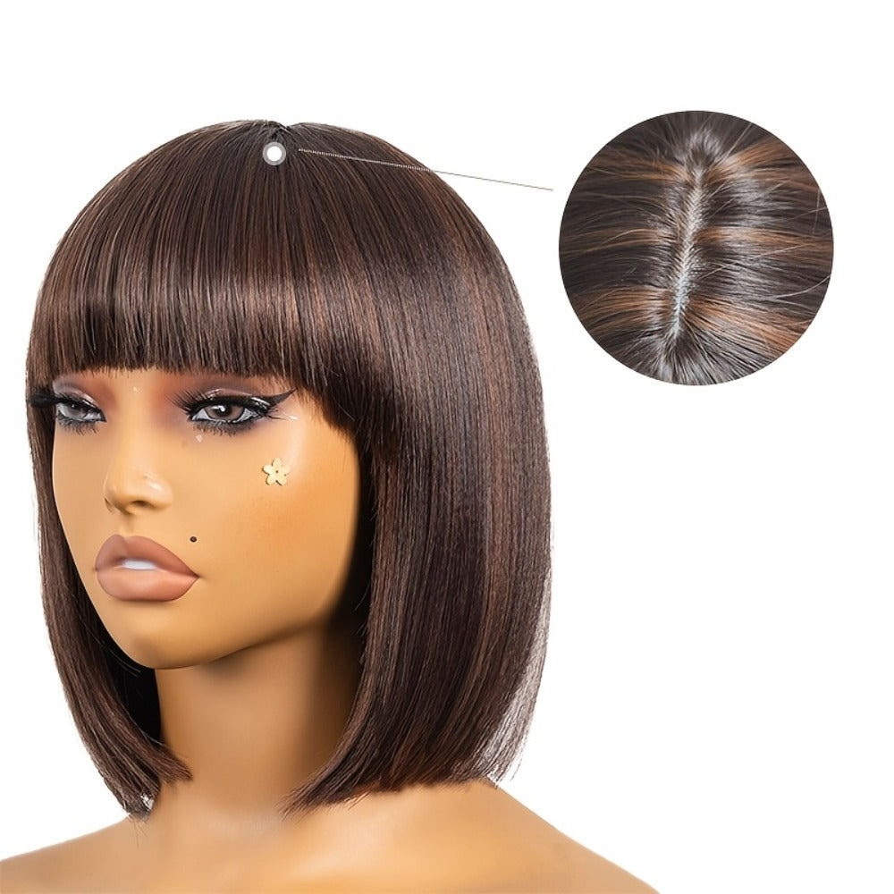 Yaki Straight Bob Wig with Bangs 10 Inch Brown Highlight M4/30 Blunt Cut Heat Resistant Synthetic Short Natural Looking Bob for Women Daily Wear Party Costume