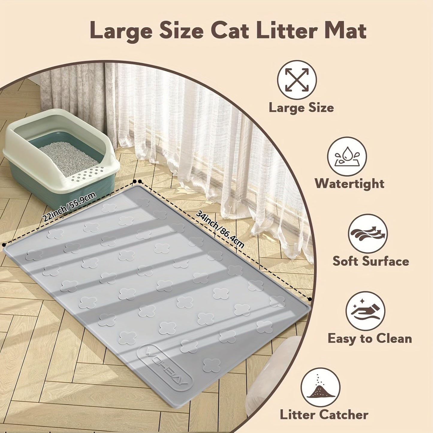 Cat Litter Mat XXL Silicone 34x22 Inch - 3-in-1 Waterproof Non-Slip Litter Trapping Mat with Raised Edges Easy Clean Foldable Pet Feeding Floor Protector