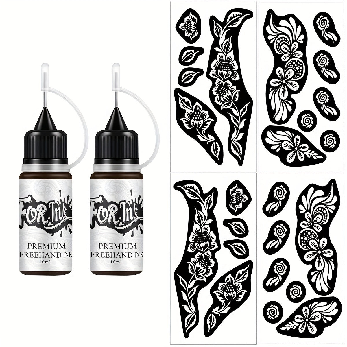 Tattoo Stencil Kit with Brown Paste Ink & Flash Spray – Pre-Cut Hollow Template DIY Freehand Henna Style Temporary Tattoo Body Art Designs 2-Pack No Machine No Electricity for Festivals Parties Gifts
