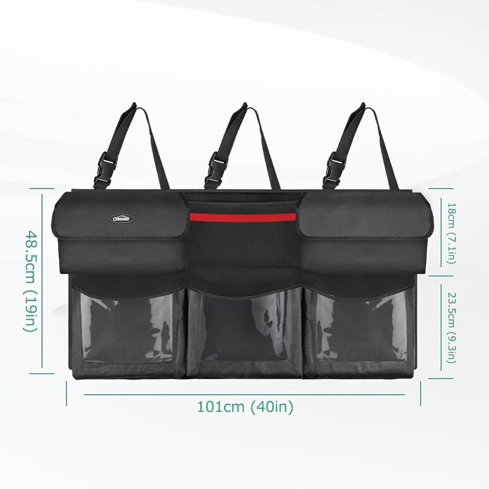 Suspended Car Trunk Organizer – Foldable Rear Seat Cargo Storage Bag with 6 Large Pockets & 3 Adjustable Straps, 40x19 Inch Trunk Organizer for Car