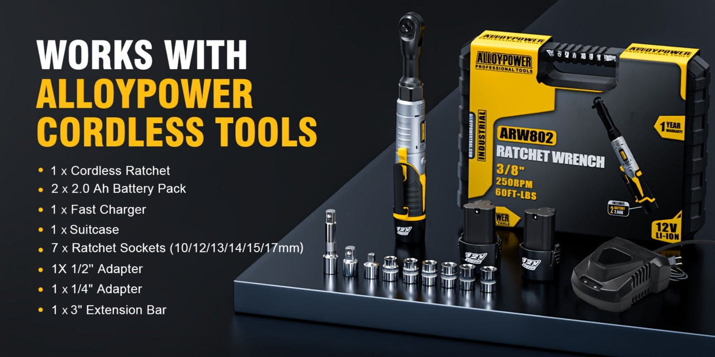 Cordless Electric Ratchet Wrench Set 3/8 Inch 12V 60 Ft-Lbs Power Ratchet Tool Kit with 2 Batteries, 6 Sockets, LED Light, Variable Speed, 1/4 & 1/2 Inch Adapters and Carrying Case for Auto Repair DIY