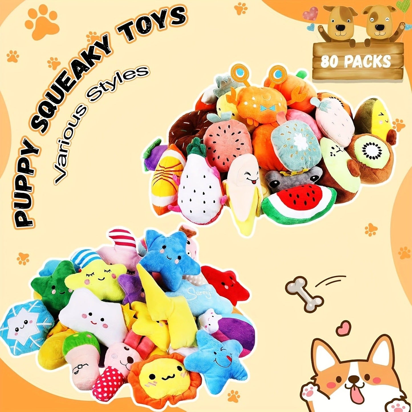 Squeaky Plush Dog Toys 80pcs Bulk Set - Colorful Fruit & Animal Shaped Stuffed Toys for Small Medium Dogs, Teething Puppy Toys Variety Pack, Interactive Plush Chew Toys for Playtime & Boredom Relief