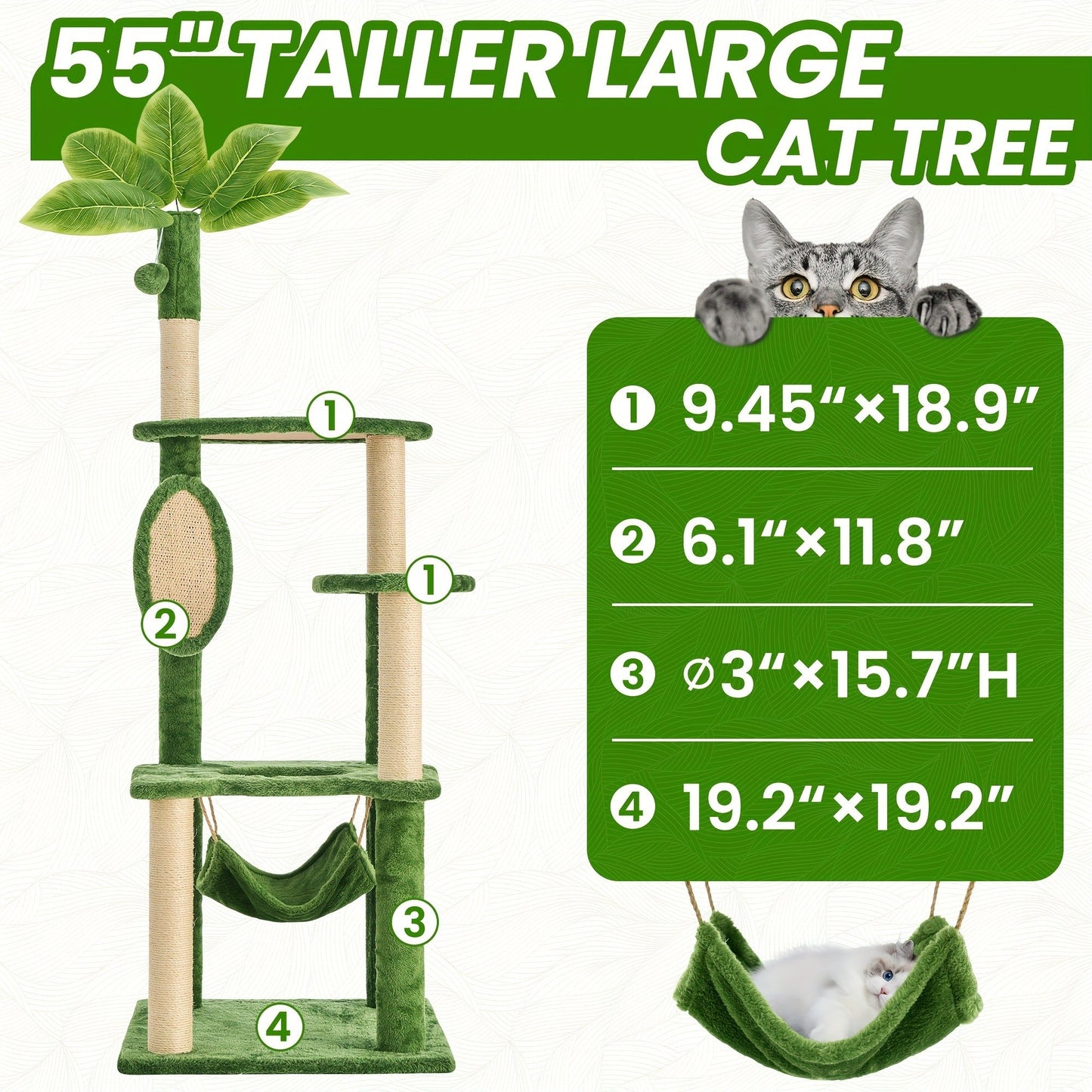 Cat Tree 55" Large Multi-Level Cat Tower for Indoor Cats with Green Leaves, Hammock, Sisal Scratching Posts & Hanging Ball Toy – Cat Furniture for Living Room