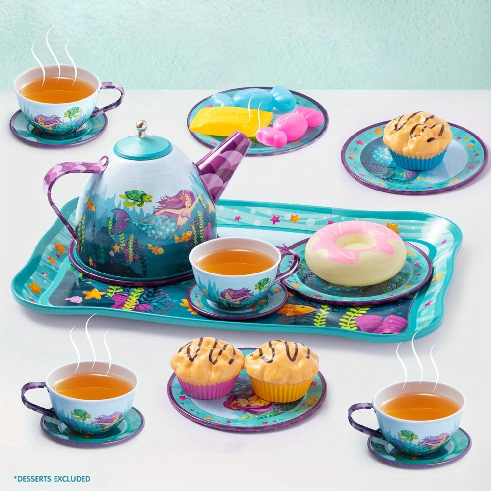 Mermaid Tea Party Set for Girls 21pcs – Tin Teapot, 4 Cups, Saucers, Plates & Carrying Case | Pretend Play Kitchen Toy for Toddlers, Birthday & Christmas Gift for Girls Ages 3 4 5 6