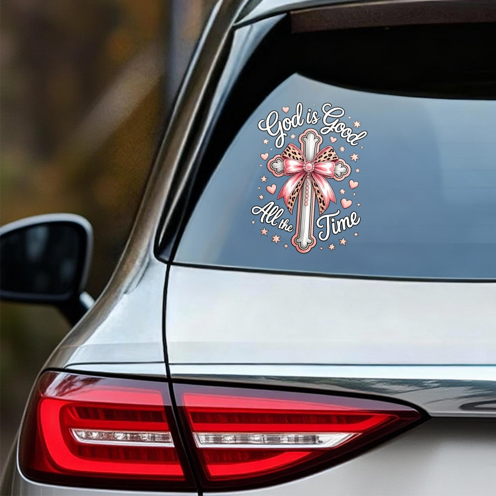 Car Stickers And Decals, Car Window Decals Vinyl, God Is Good All The Time Cross with Pink Bow, Automotive Decals, Funny Bumper Stickers(1/4pcs)