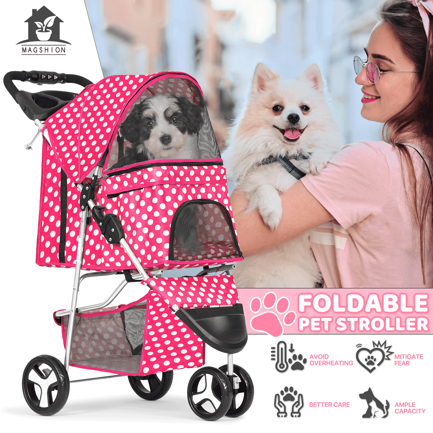 Pet Jogger Stroller 3-Wheel for Small & Medium Dogs & Cats up to 33 lbs - Foldable Oxford Waterproof Dog Cat Pram with 360° Swivel Wheels, Shock Absorber, Rear Brakes, Cup Holder & Storage Basket, 11 Colors