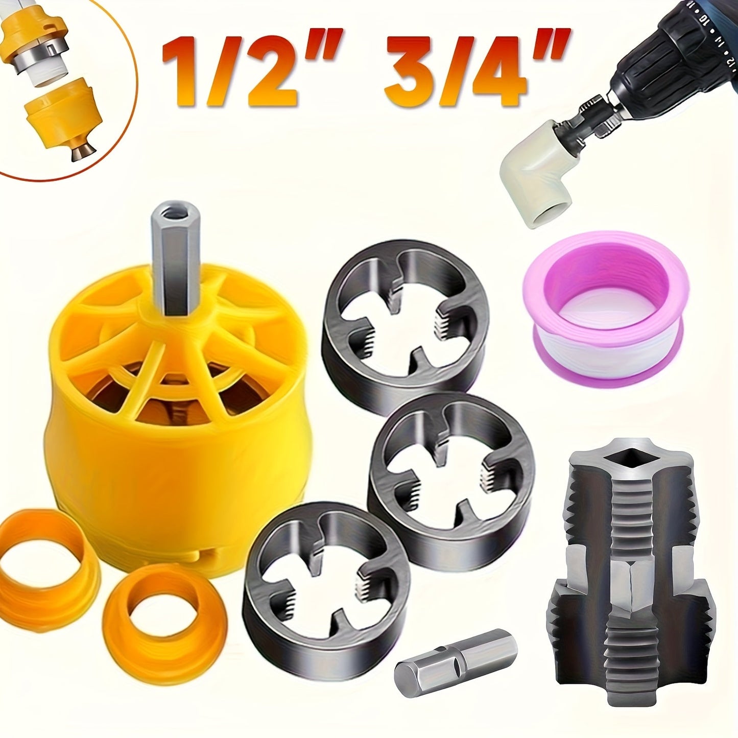 Pipe Threading Set 9 & 13-Piece – Power Drill Water Pipe Thread Dies for 1/2", 3/4" & 1" Inside & Outside Threading, Professional Plumbing Pipe Threader Tool Kit