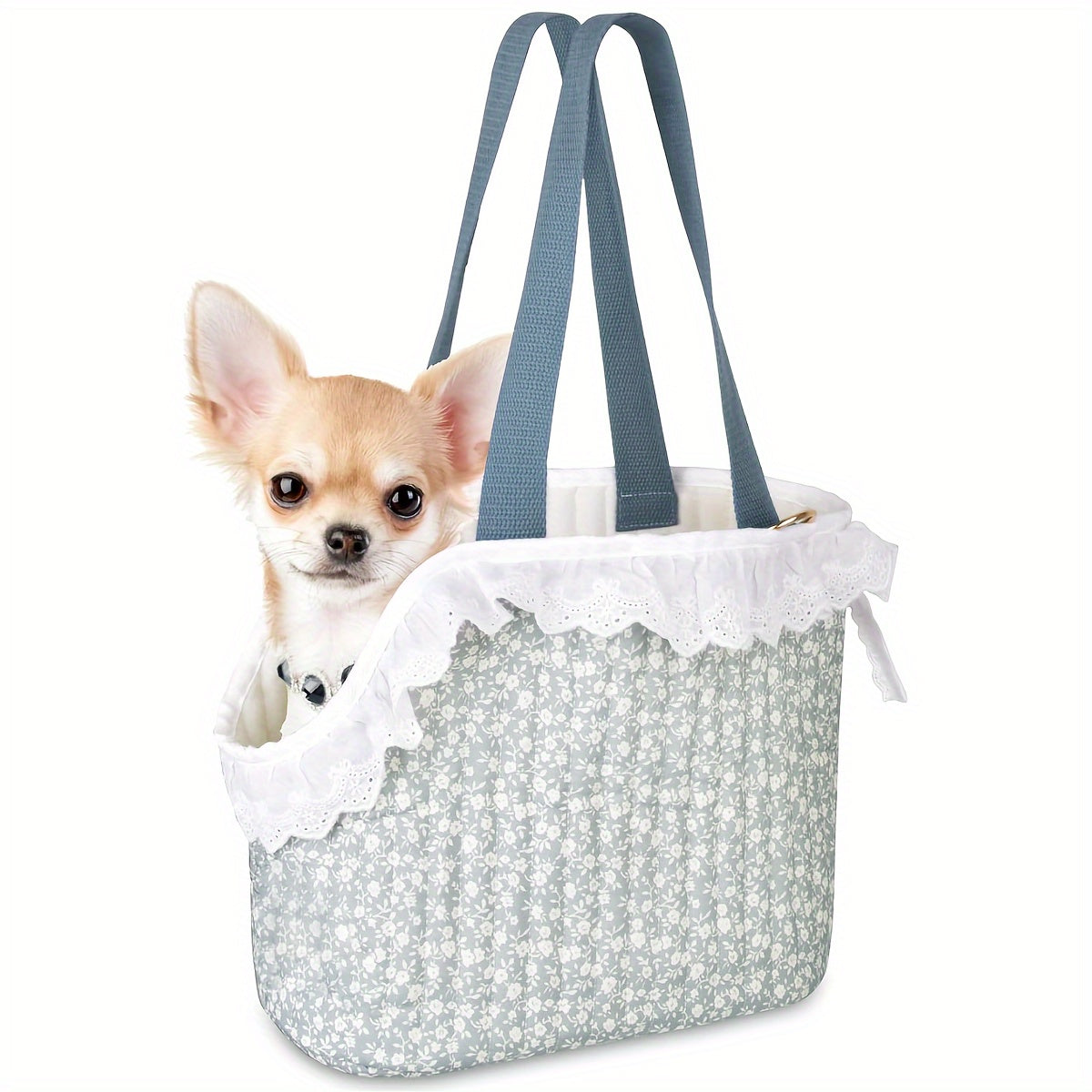Small Dog Carrier Tote Bag with Safety Features Soft Polyester Lace Design, Hook & Loop Closure - Blue Floral Pet Travel Bag for Small Dogs & Cats by CUBY